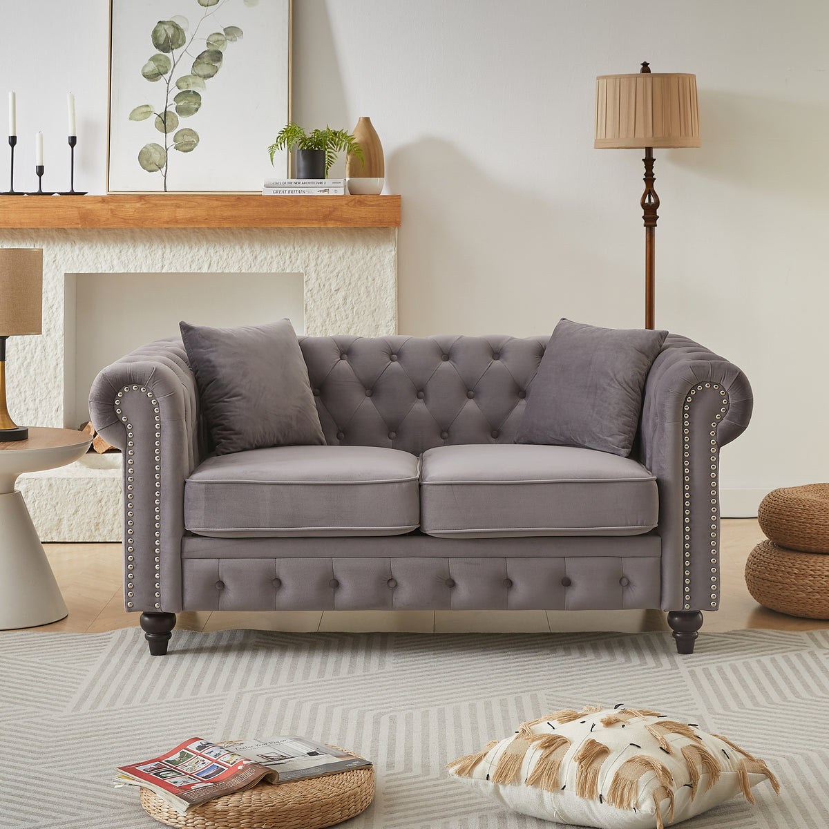 Gray Velvet 2-Seat Tufted Chesterfield Sofa, 63.5 in Wide