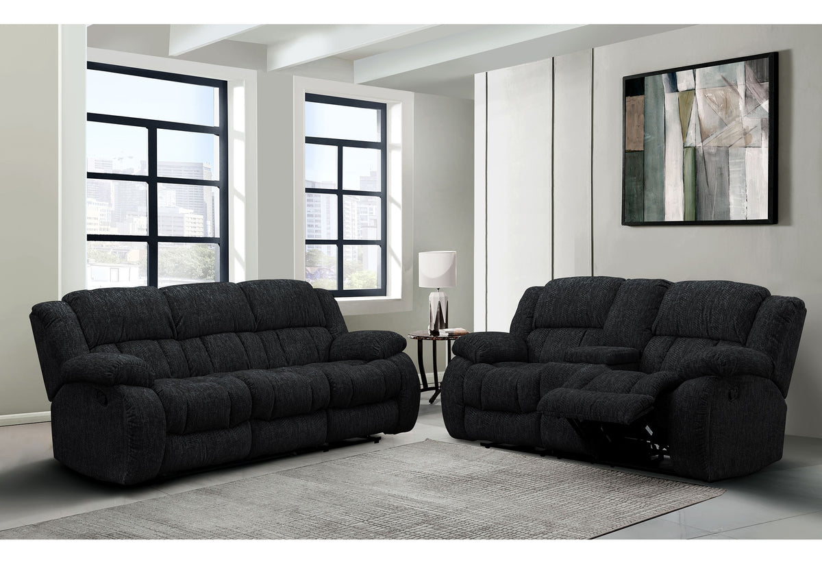 Black Reclining Sofa and Loveseat Set, Rolled Chaise Front