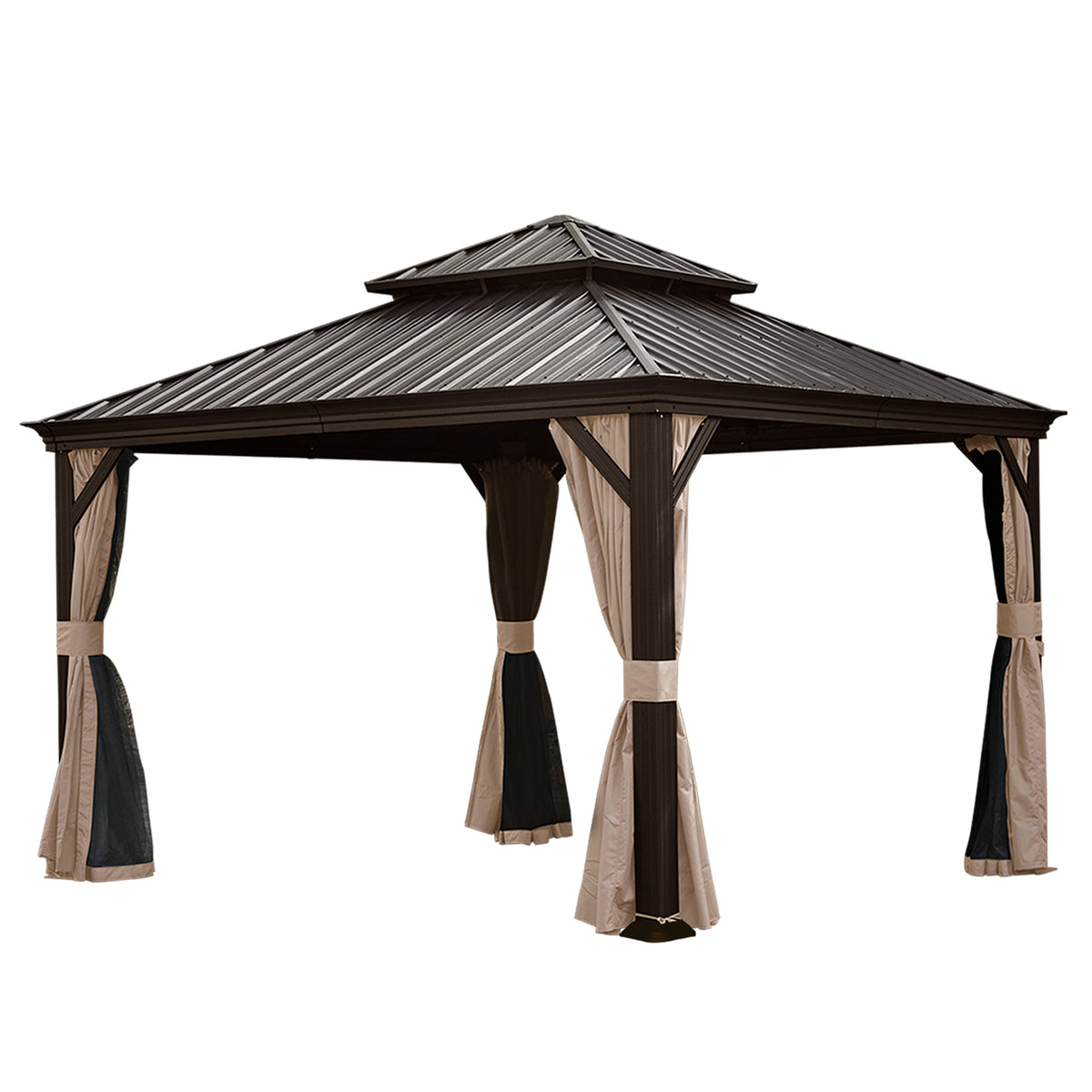12x12 ft Brown Hardtop Gazebo with Netting and Curtains