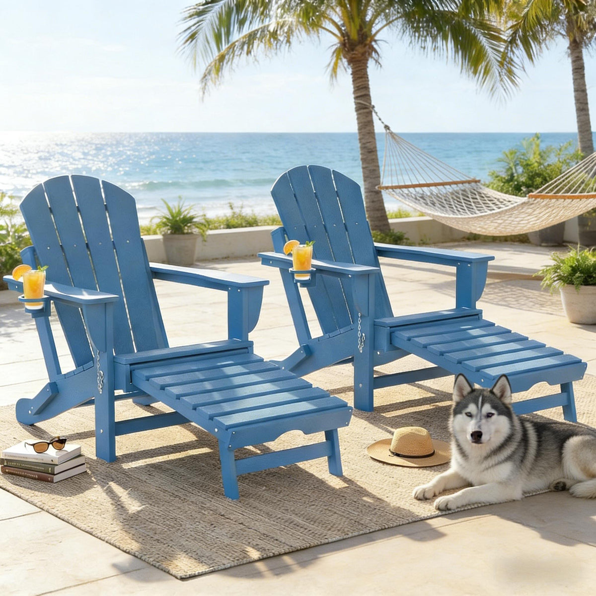 Blue HDPE Folding Adirondack Chair, Set of 2