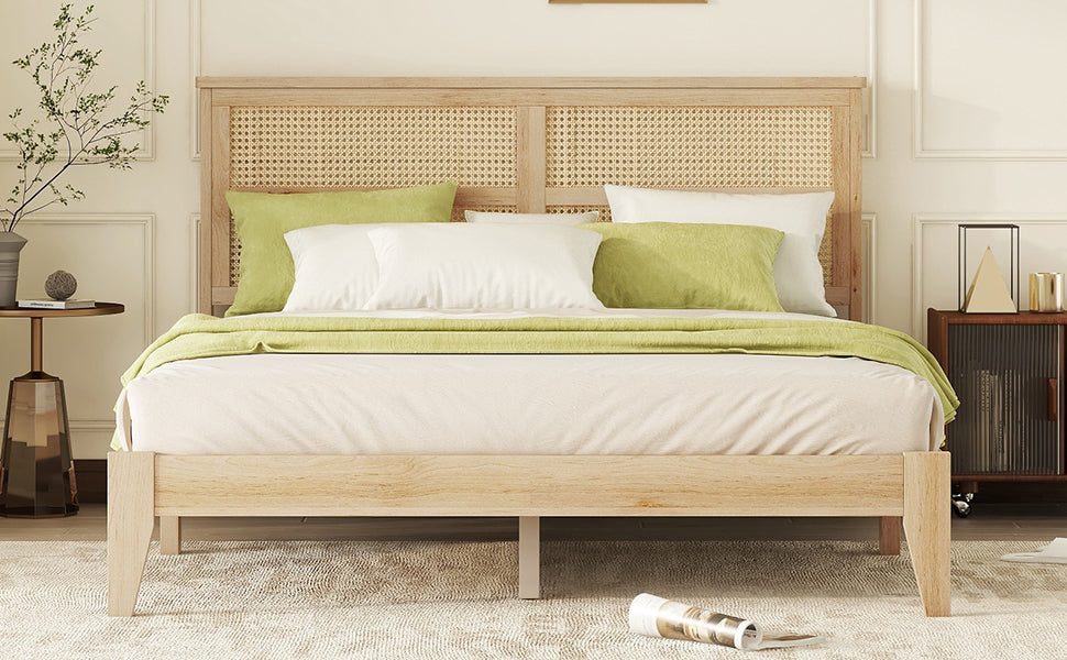 Front view of the rubberwood queen bed frame with woven rattan headboard in a styled bedroom