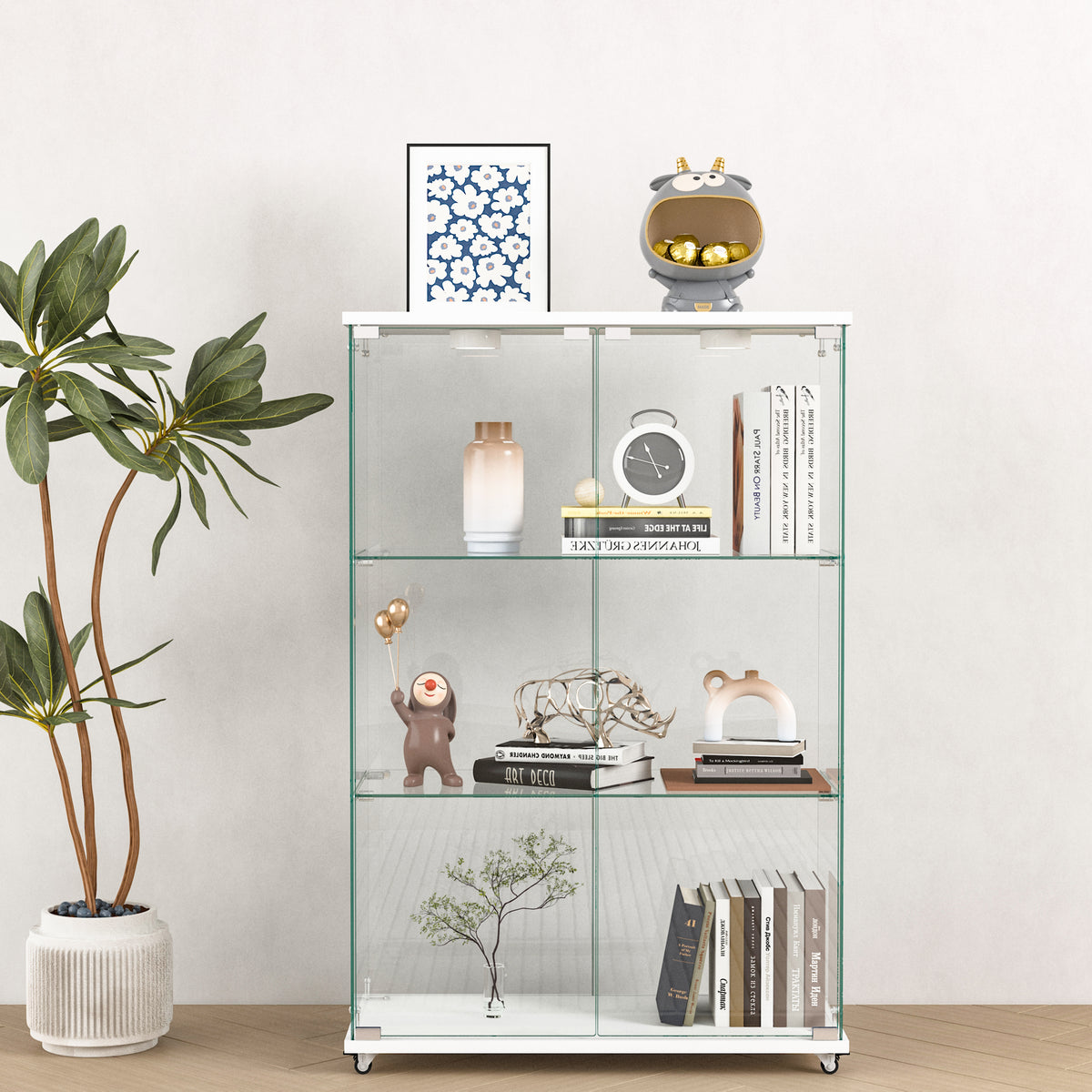 Modern Glass Bookcase, 2 Doors, LED Lighting, 47.9 in Tall