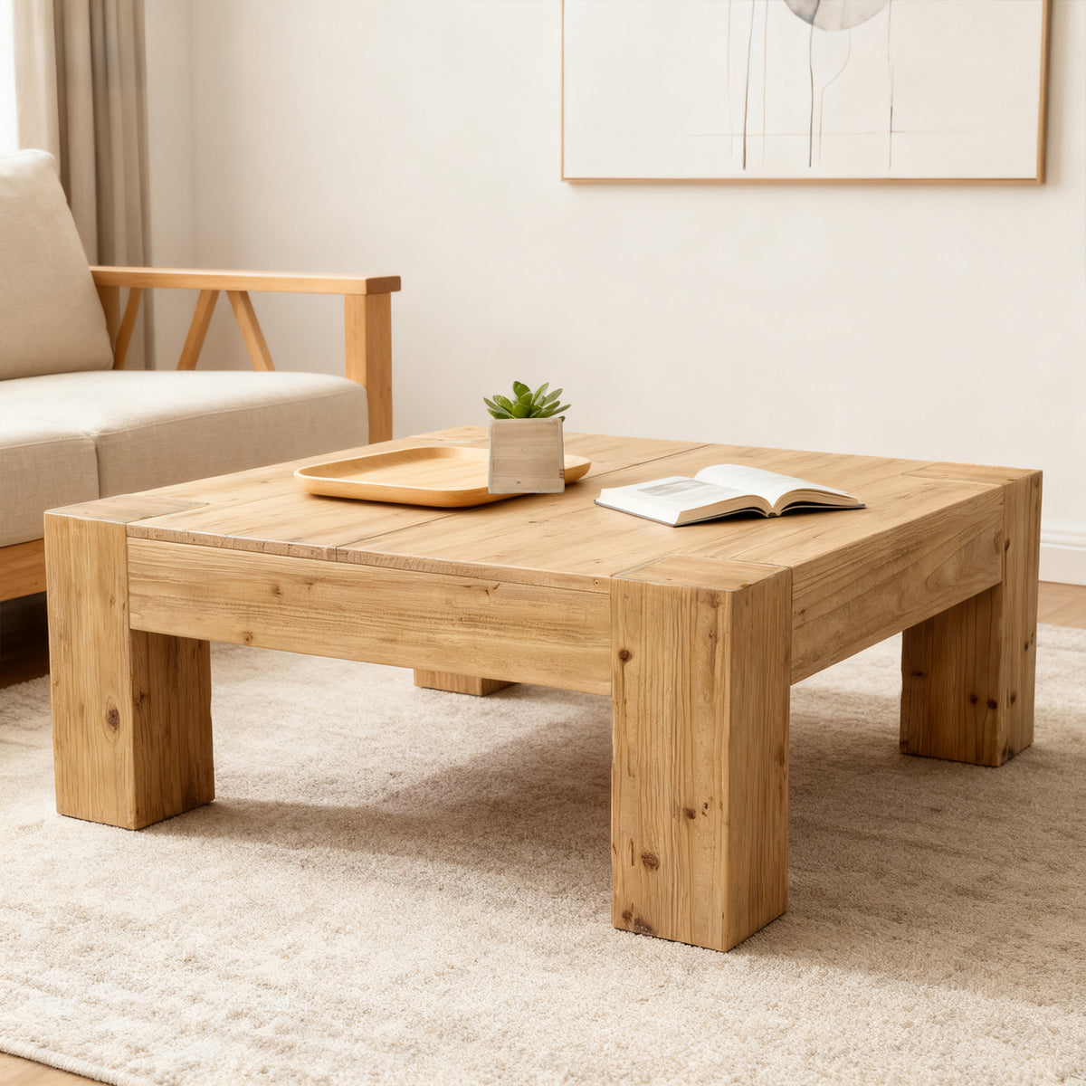 Natural Solid Wood Wabi-Sabi Square Coffee Table, 39.3 in