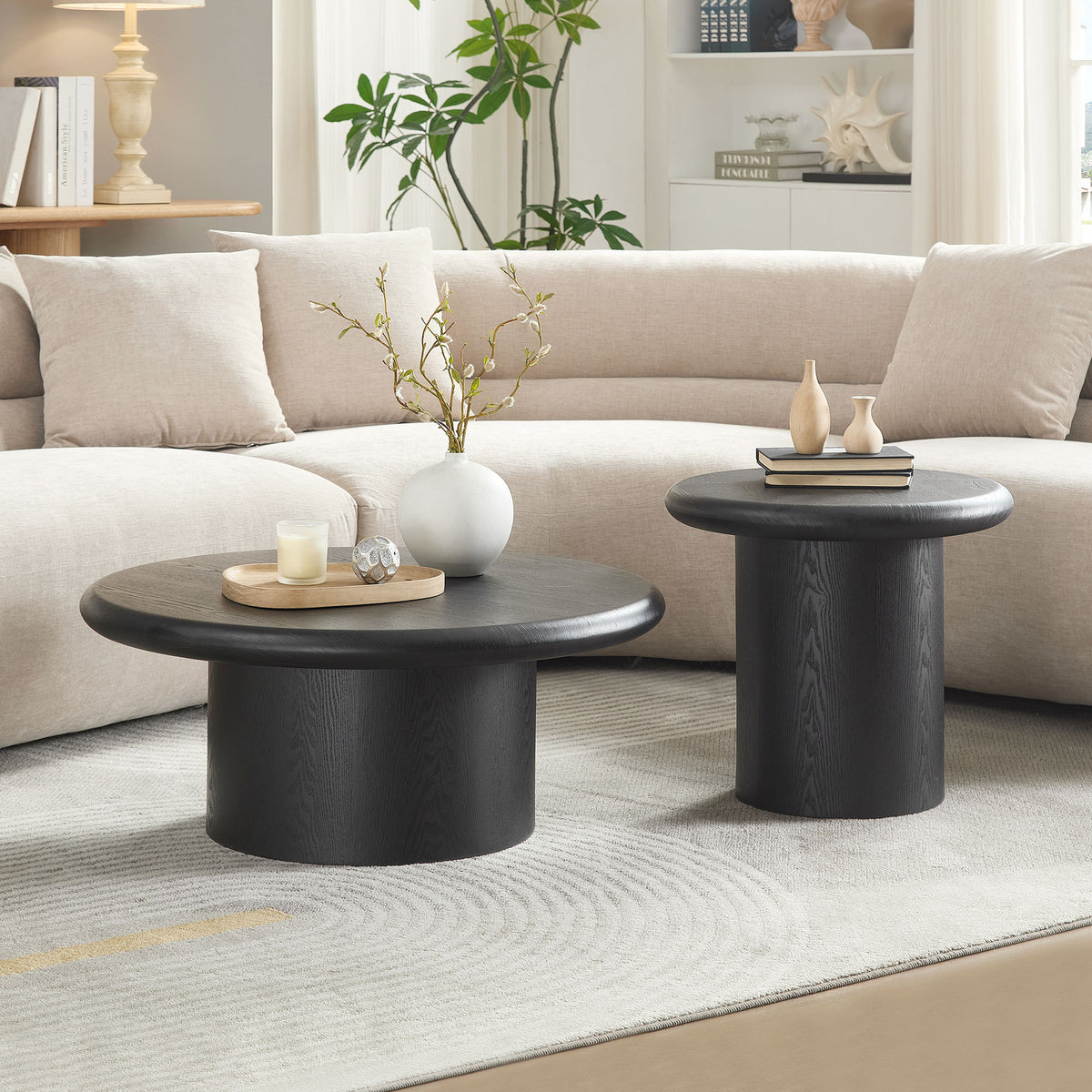 Black Round Pedestal Coffee Table and End Table Set, 31.5 in