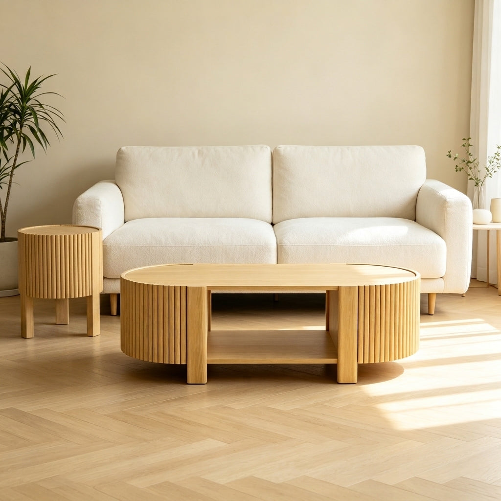 Natural Solid Wood Oval Fluted Coffee Table and Side Table Set, 47 in