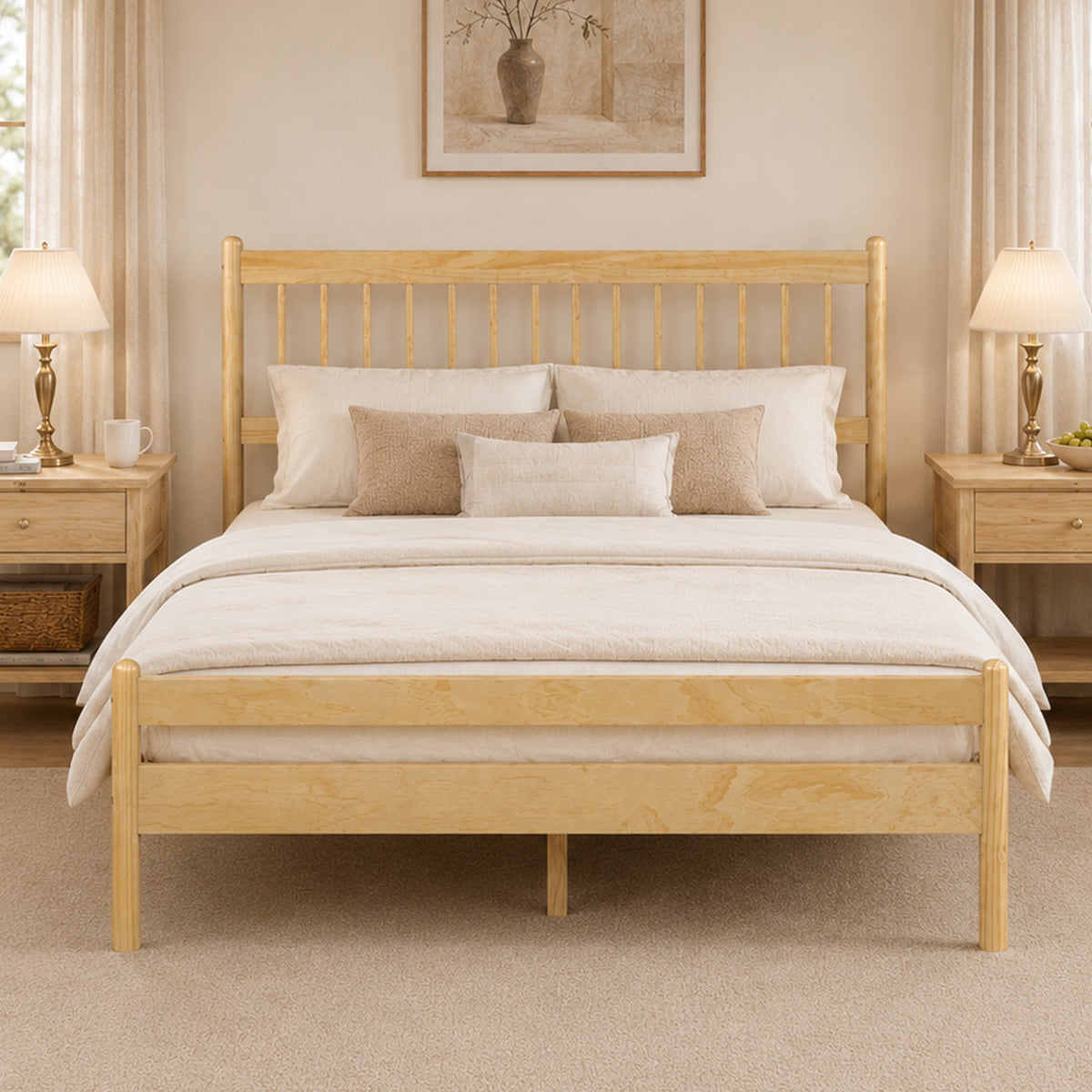 Front view of a styled bedroom with the natural pine spindle bed, cream bedding and pine nightstands