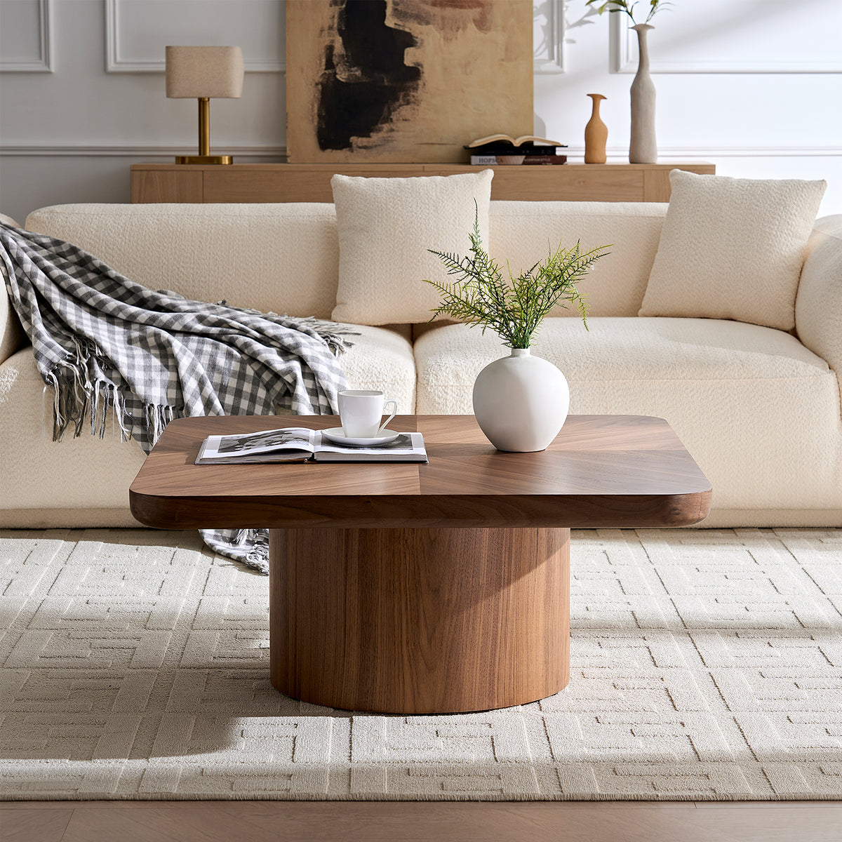 Walnut Square Pedestal Coffee Table, 35.4 in