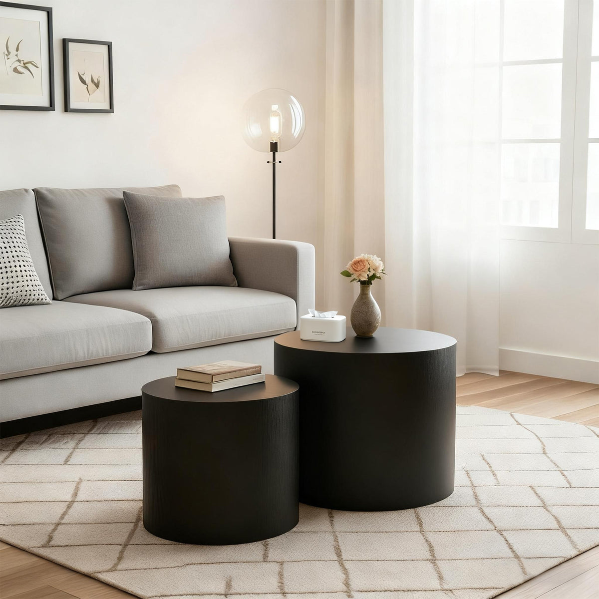 Black Wood-Grain Round Drum Nesting Tables, Set of 2