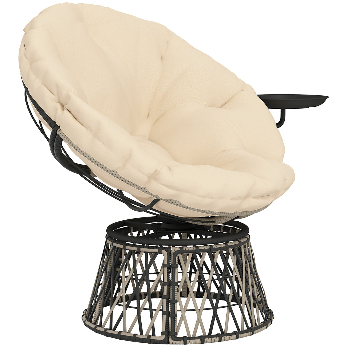 Beige Wicker Outdoor Swivel Papasan Chair with Cushions