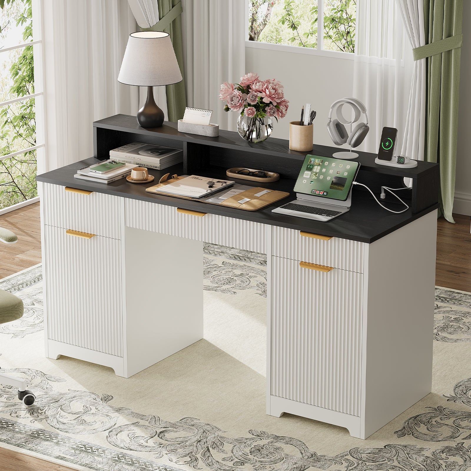 Computer Desk with Charging Station, 59 in, White