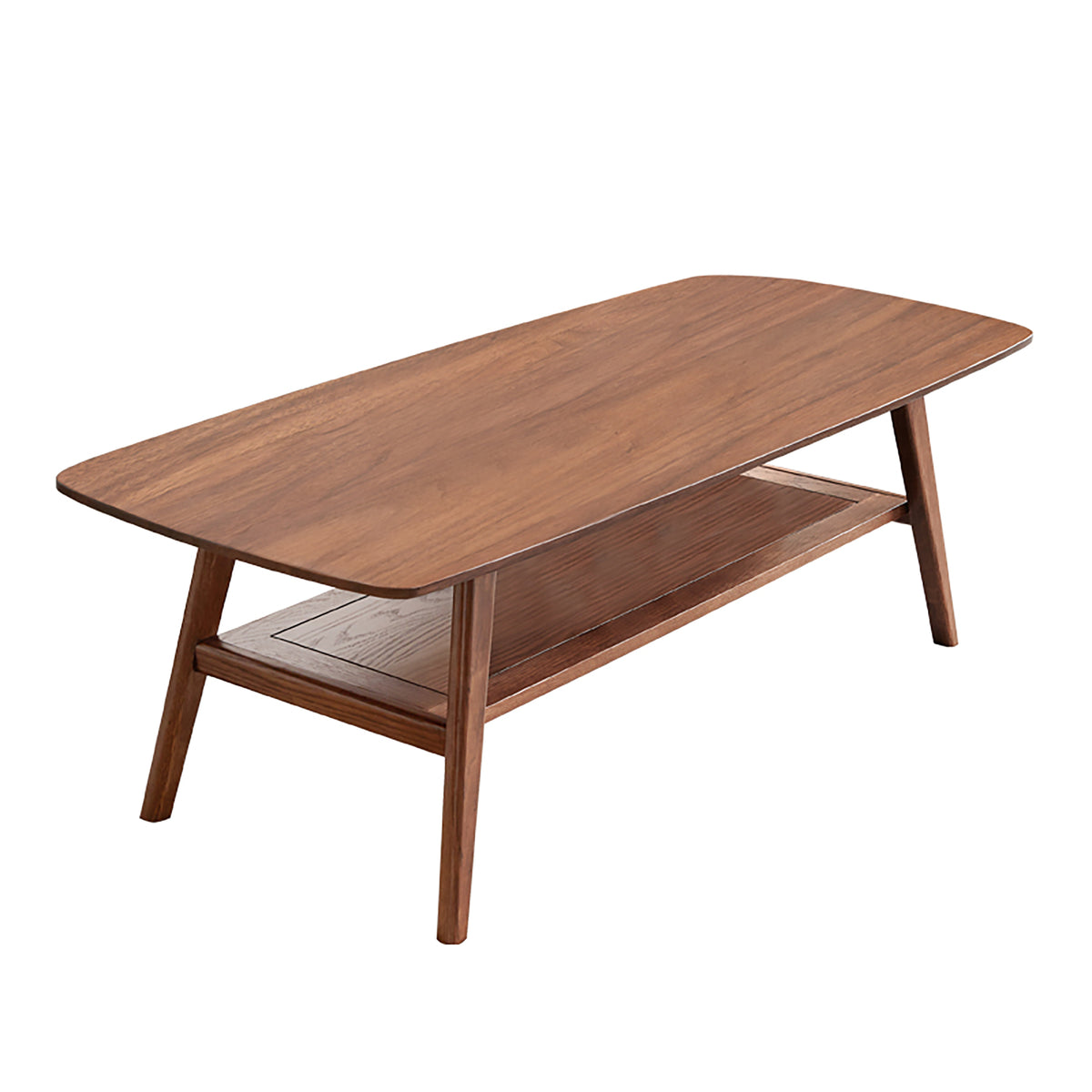 Walnut Solid Wood Mid-Century Coffee Table with Shelf, 47.3 in