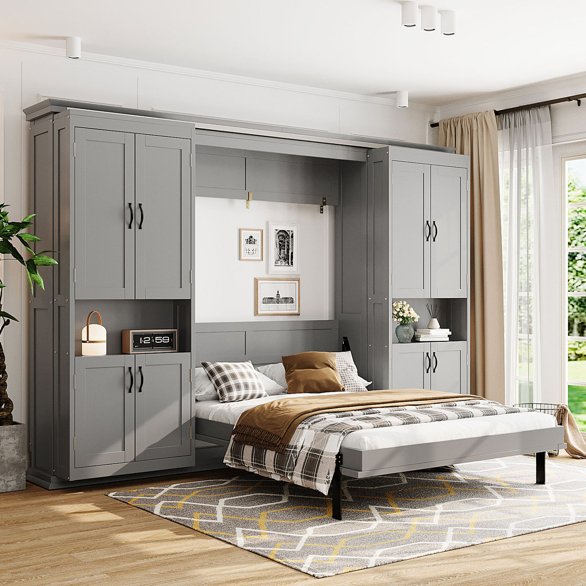 Full Murphy Bed with Sliding Cabinets & 6-Tier Shelves, Gray