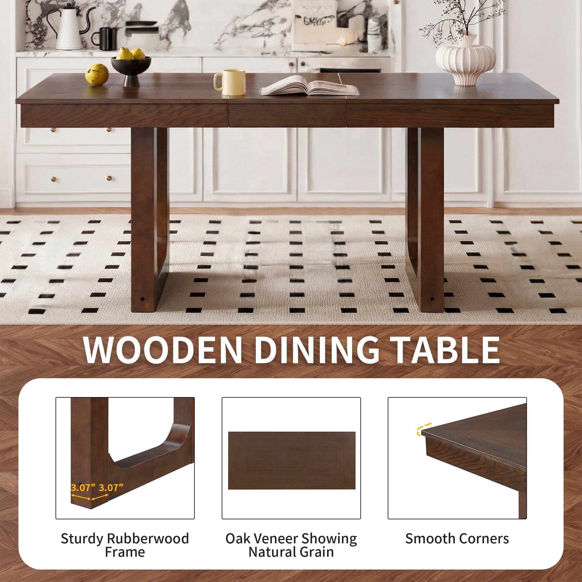Feature graphic for the wooden dining table noting solid wood frame, oak veneer grain, and smooth corners