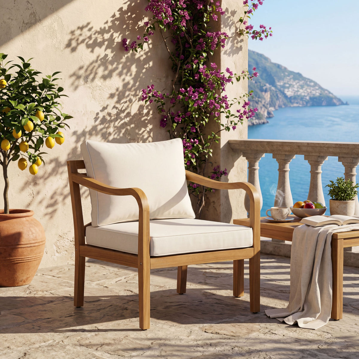 Teak Finish Solid Wood Outdoor Lounge Chair with Beige Cushions