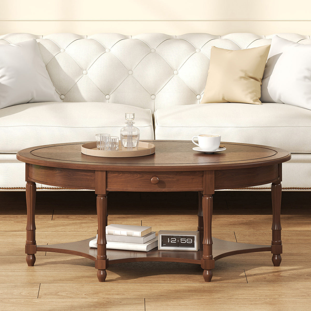 Walnut Solid Wood Oval Coffee Table with Drawer and Shelf, 45 in