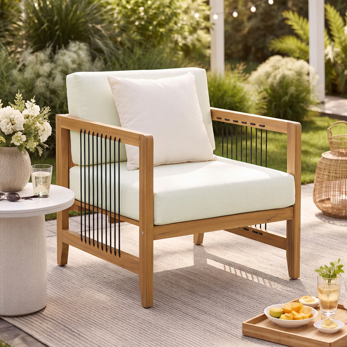 Teak Finish Solid Wood Patio Chair with Cushions