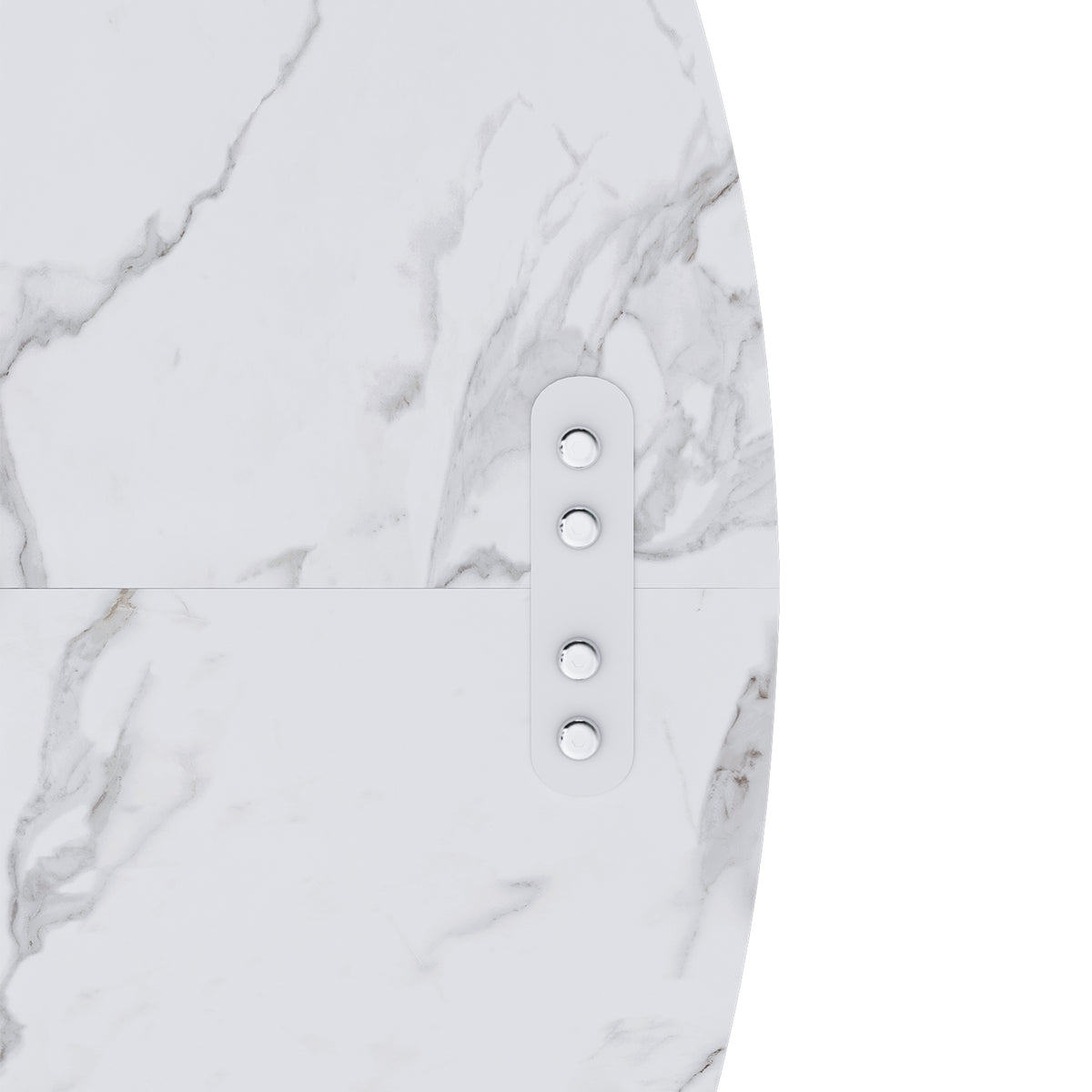 Overhead close-up of the marble tabletop edge with the metal connector between panels