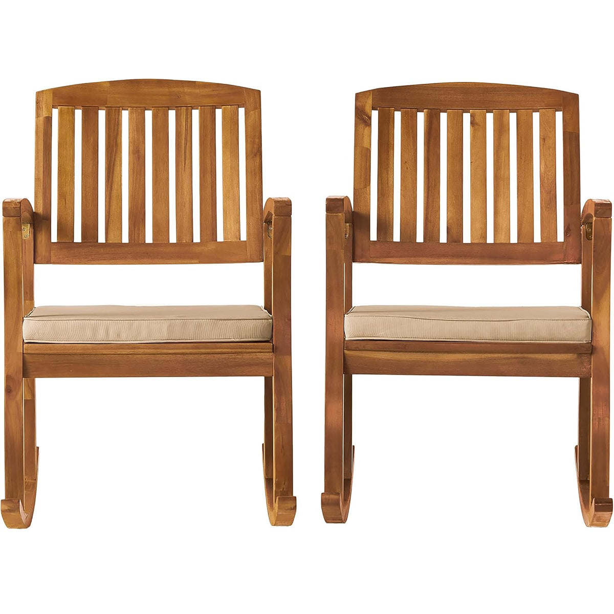Natural Solid Wood Outdoor Rocking Chair with Cushions, Set of 2