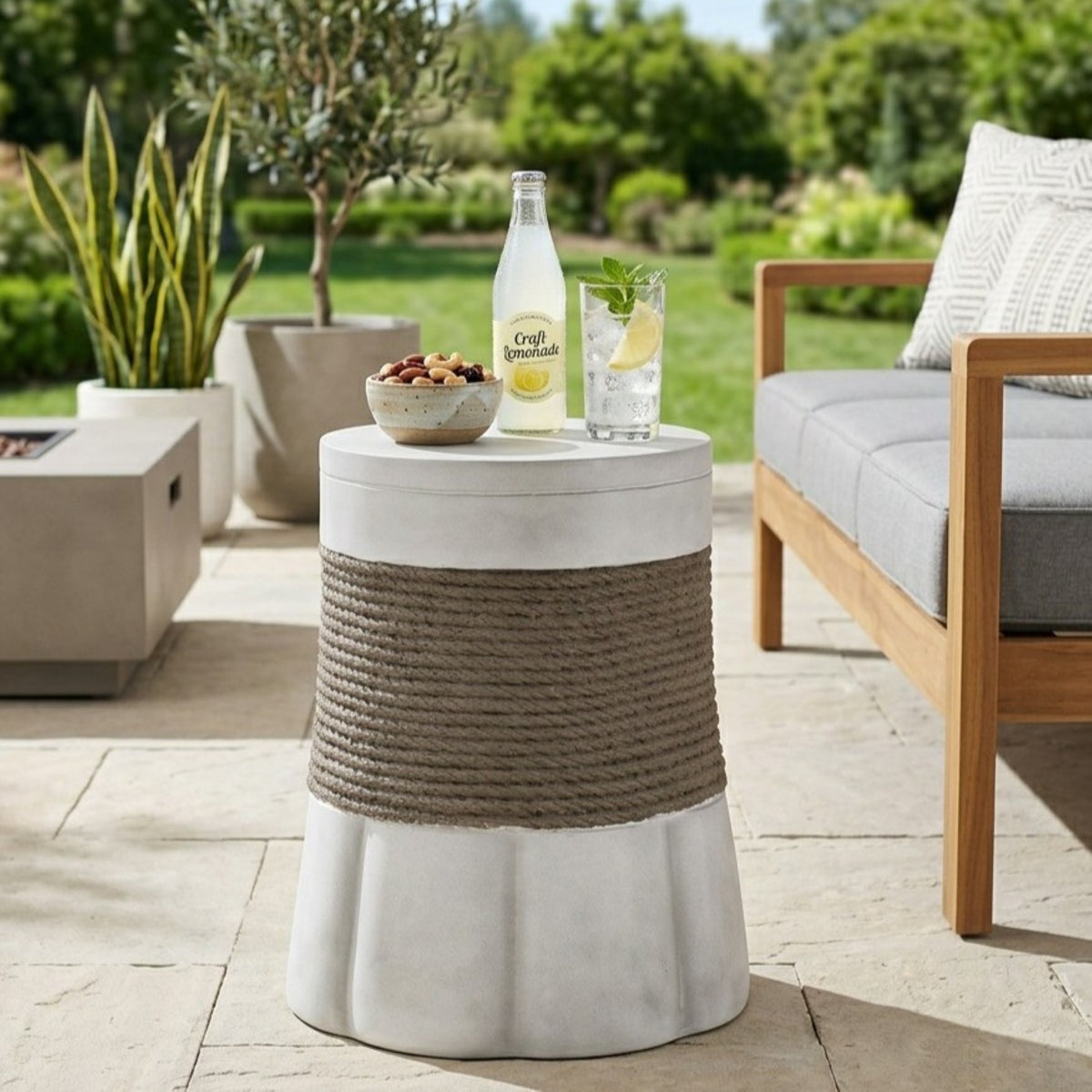 Outdoor Side Table, Light Gray and Brown, Rope-Look Weave