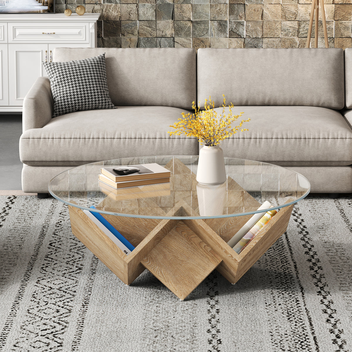 Natural Round Glass-Top Geometric Coffee Table with Storage, 35.4 in