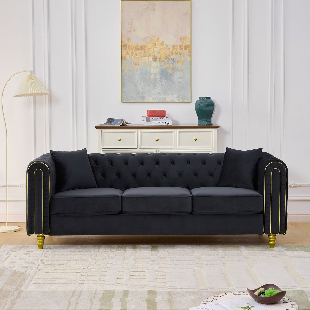 Black Velvet 3-Seat Tufted Chesterfield Sofa, 86 in Wide