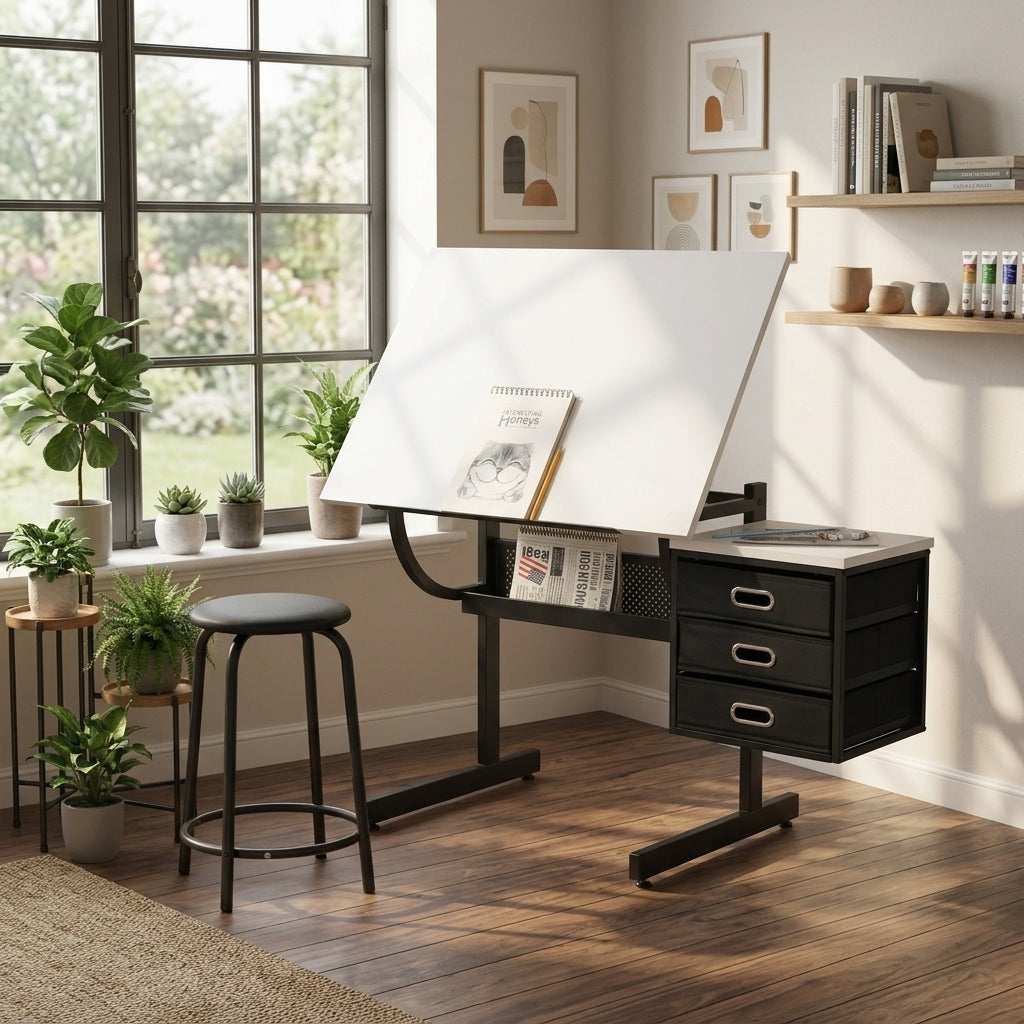 Drafting Table, 45.3 in, Black White