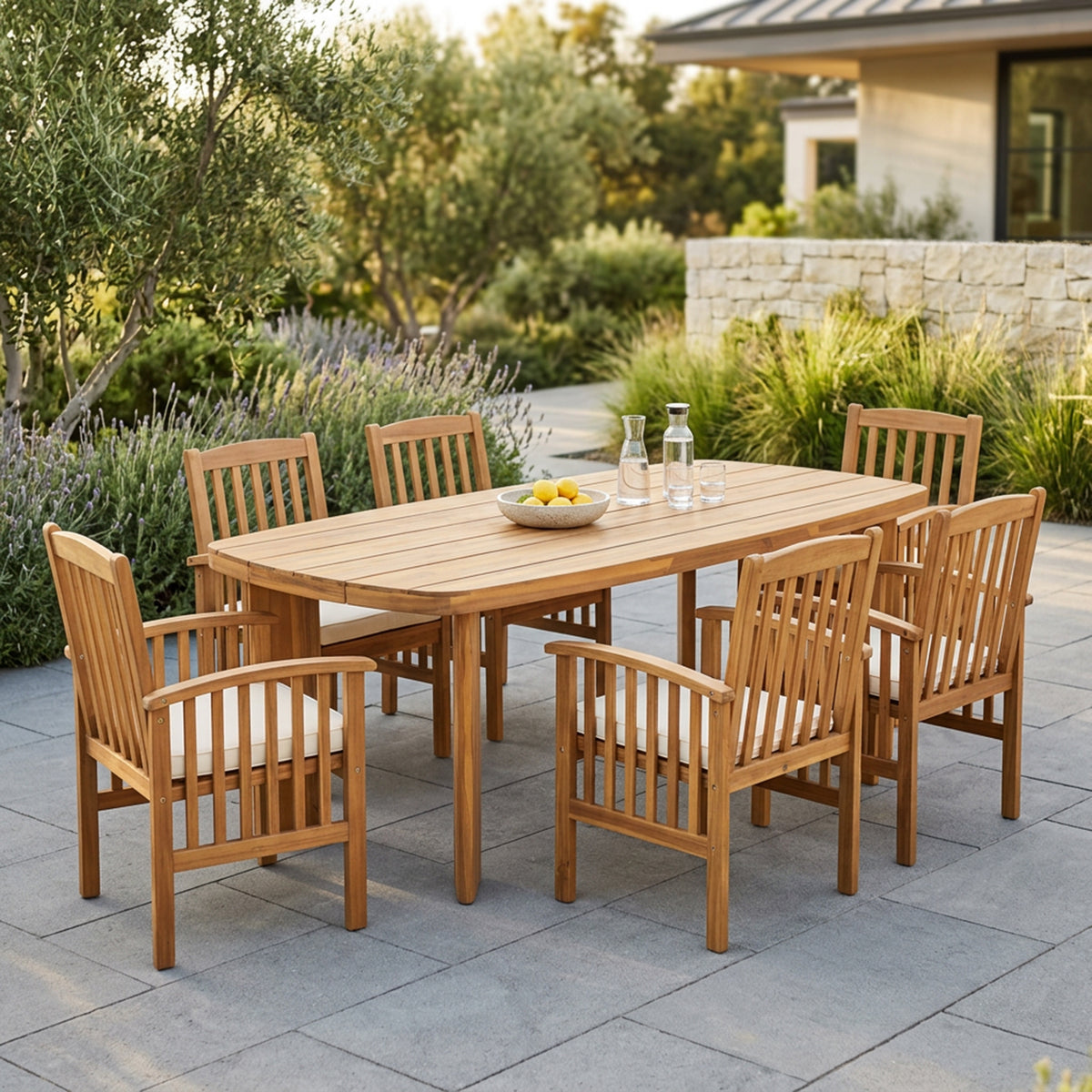 Teak Finish Solid Wood 7-Piece Patio Dining Set for 6 with Cream Cushions