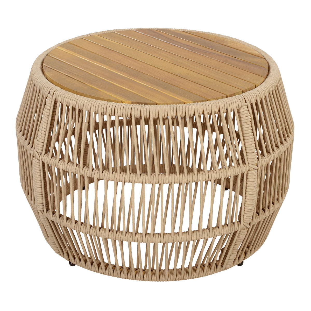 Outdoor Side Table, Teak Finish Wood Top, Light Beige Rope Frame, 17.5 in Tall