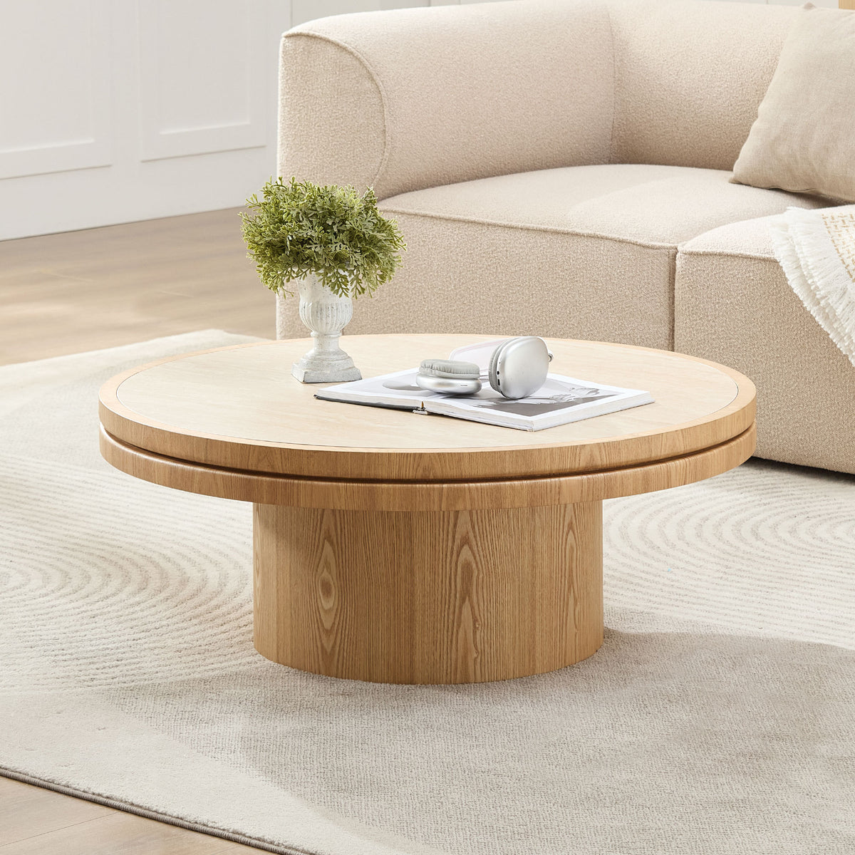 Natural Sintered Stone Round Pedestal Coffee Table, 35.4 in