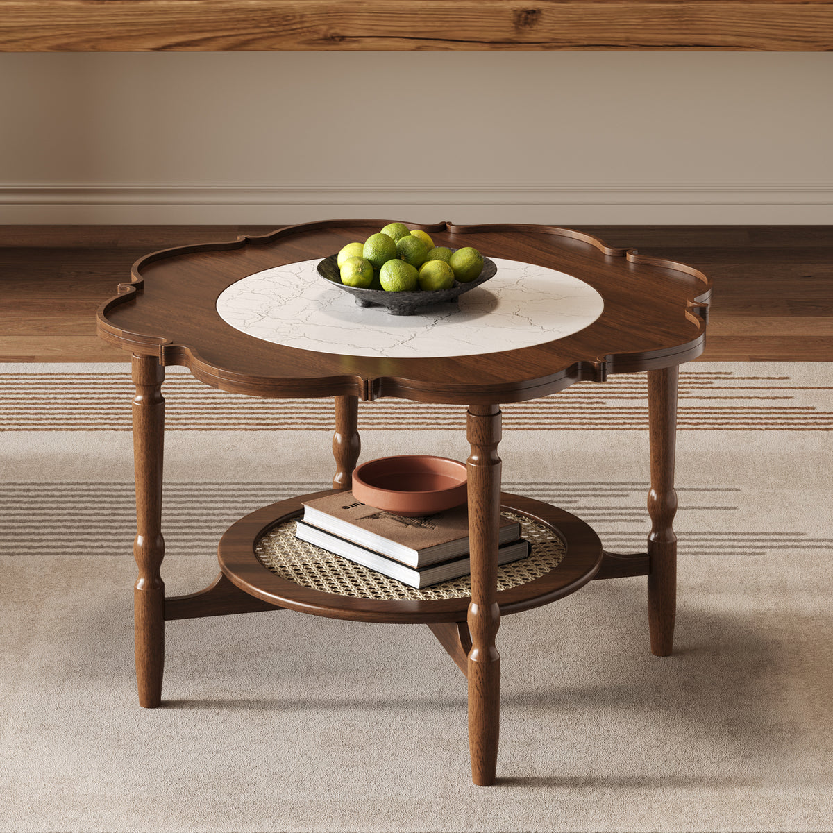 Walnut Petal Glass-Top Coffee Table with Rattan Shelf, 31.5 in