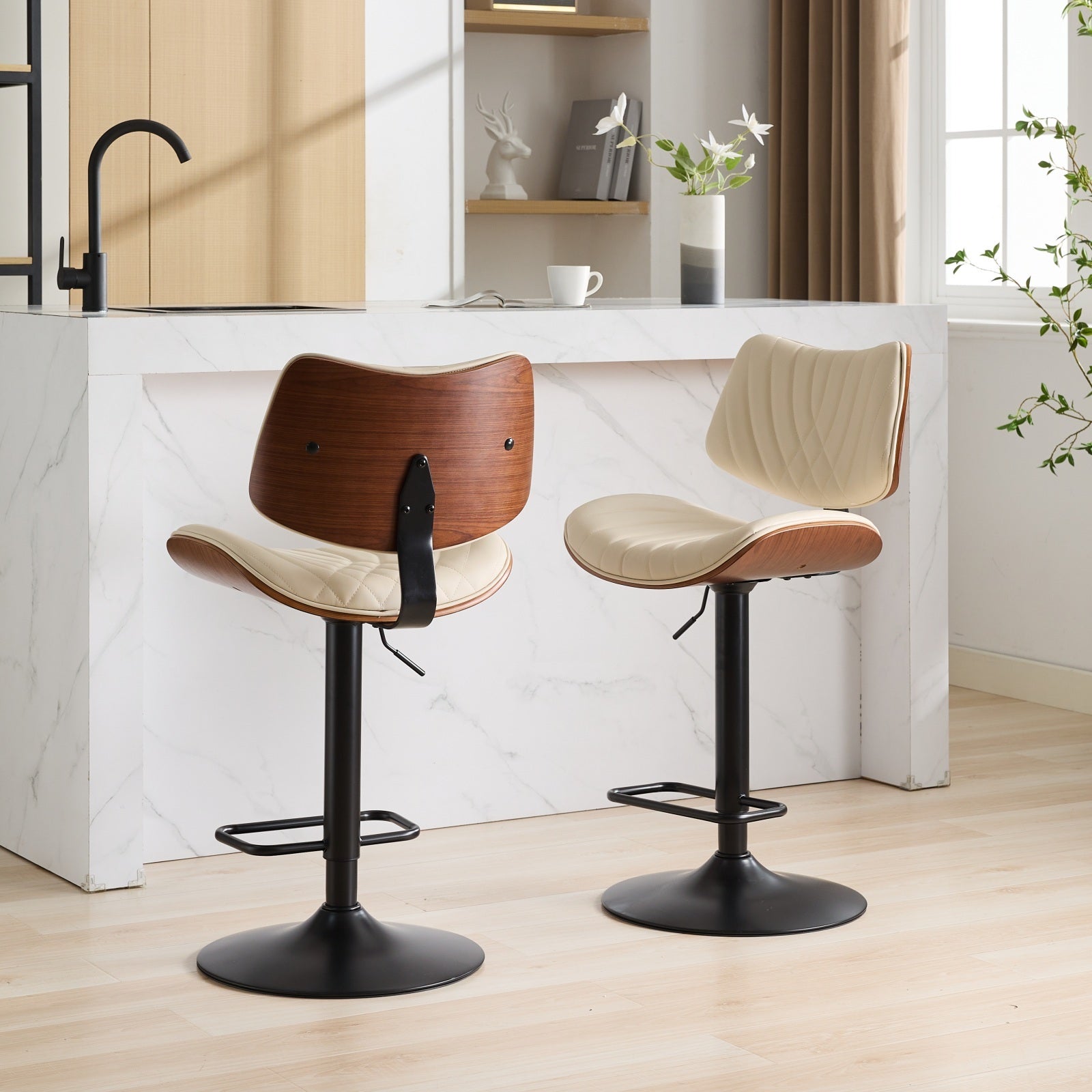 Bentwood Bar Stool Set of 2, Cream Vegan Leather, Swivel Adjustable