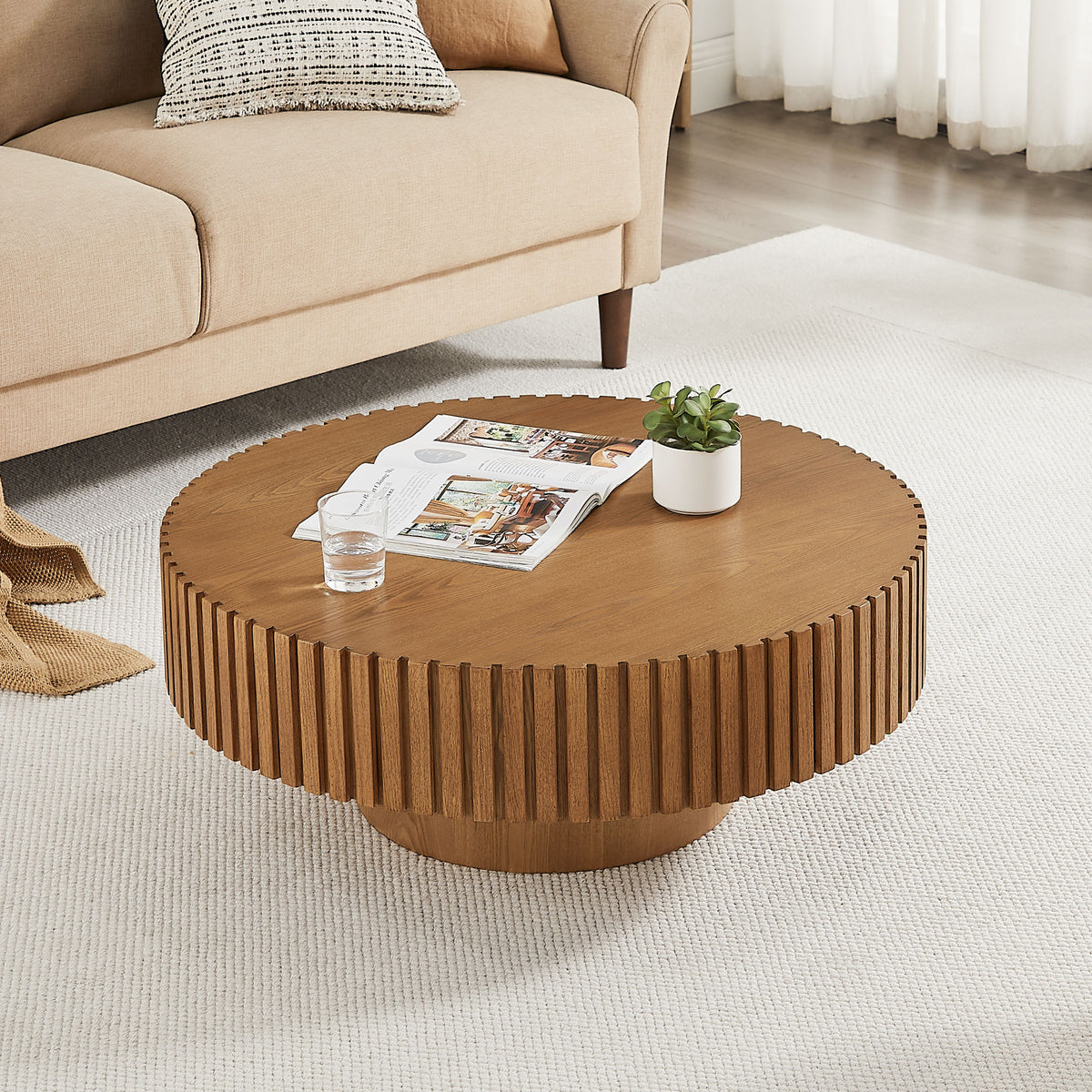 Brown Fluted Round Drum Coffee Table, 35.4 in