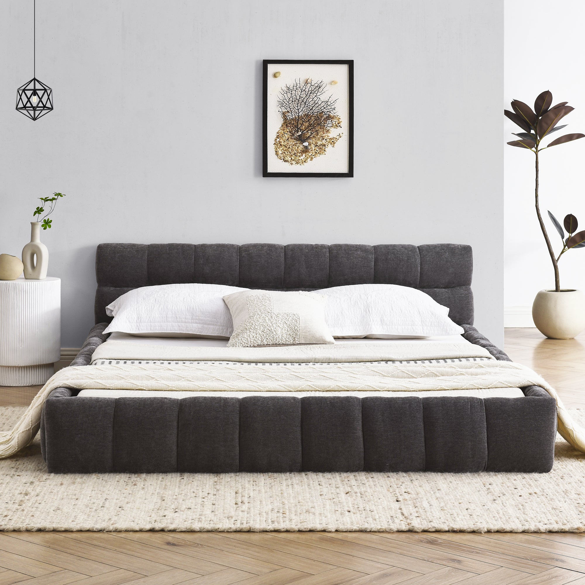 Dark grey chenille platform bed viewed head-on from the foot in a styled bedroom #Color_Dark Grey
