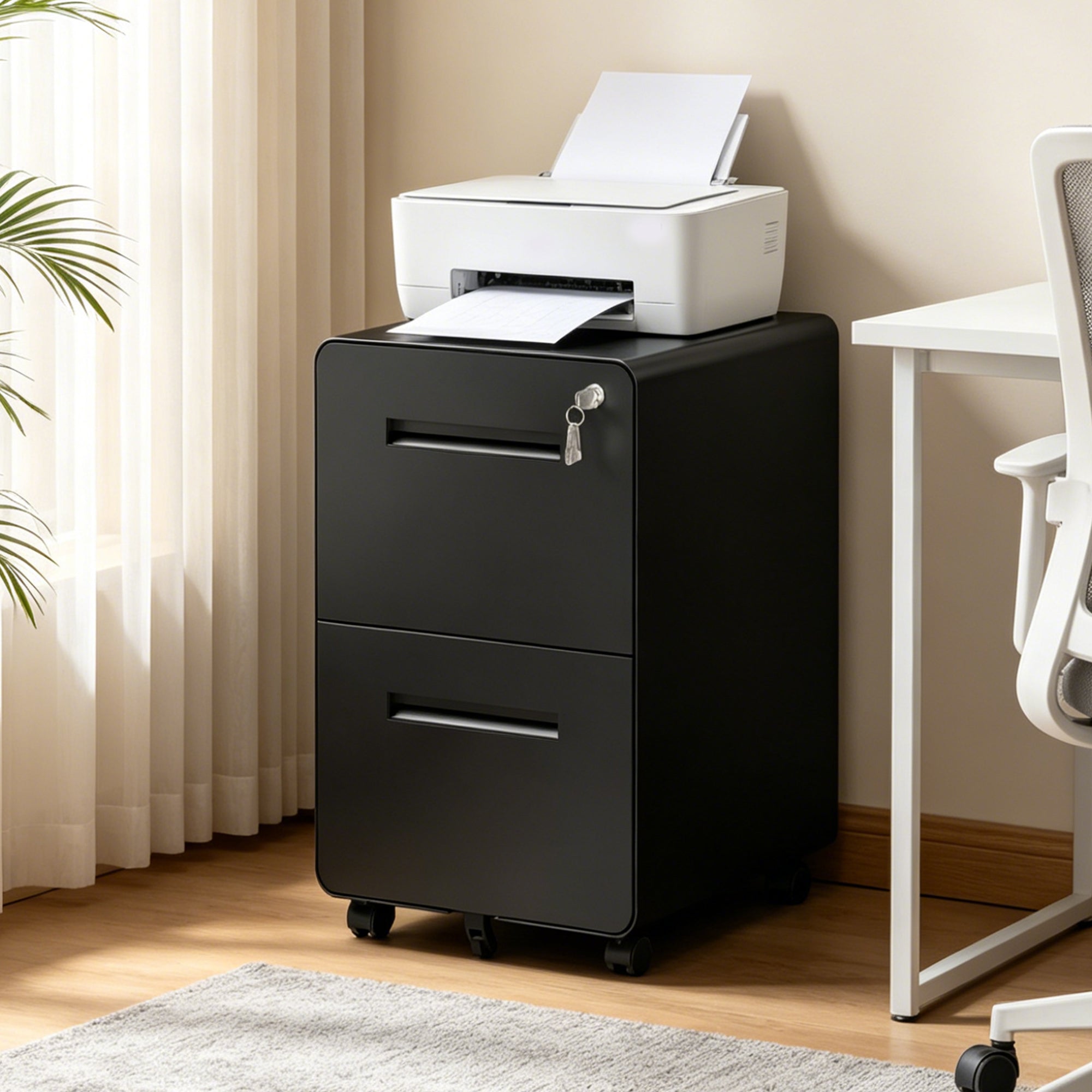 Rolling File Cabinet, 2 Drawers, Locking, 24.8 in Tall, Black