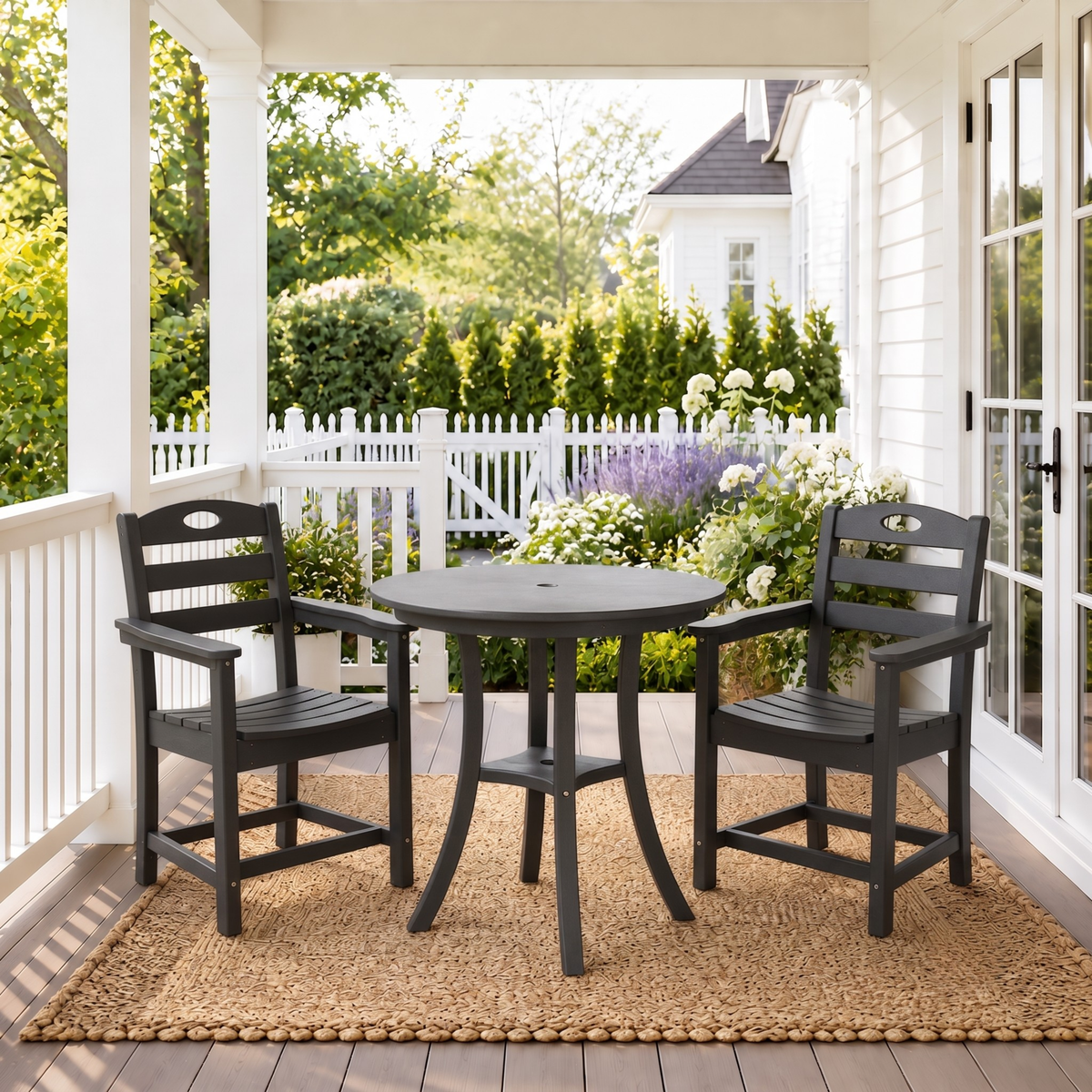 Black HDPE 3-Piece Bistro Set for 2 with Umbrella Hole