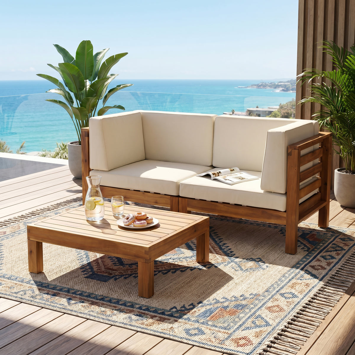 Solid Wood 3-Piece Outdoor Sofa Set with Beige Cushions