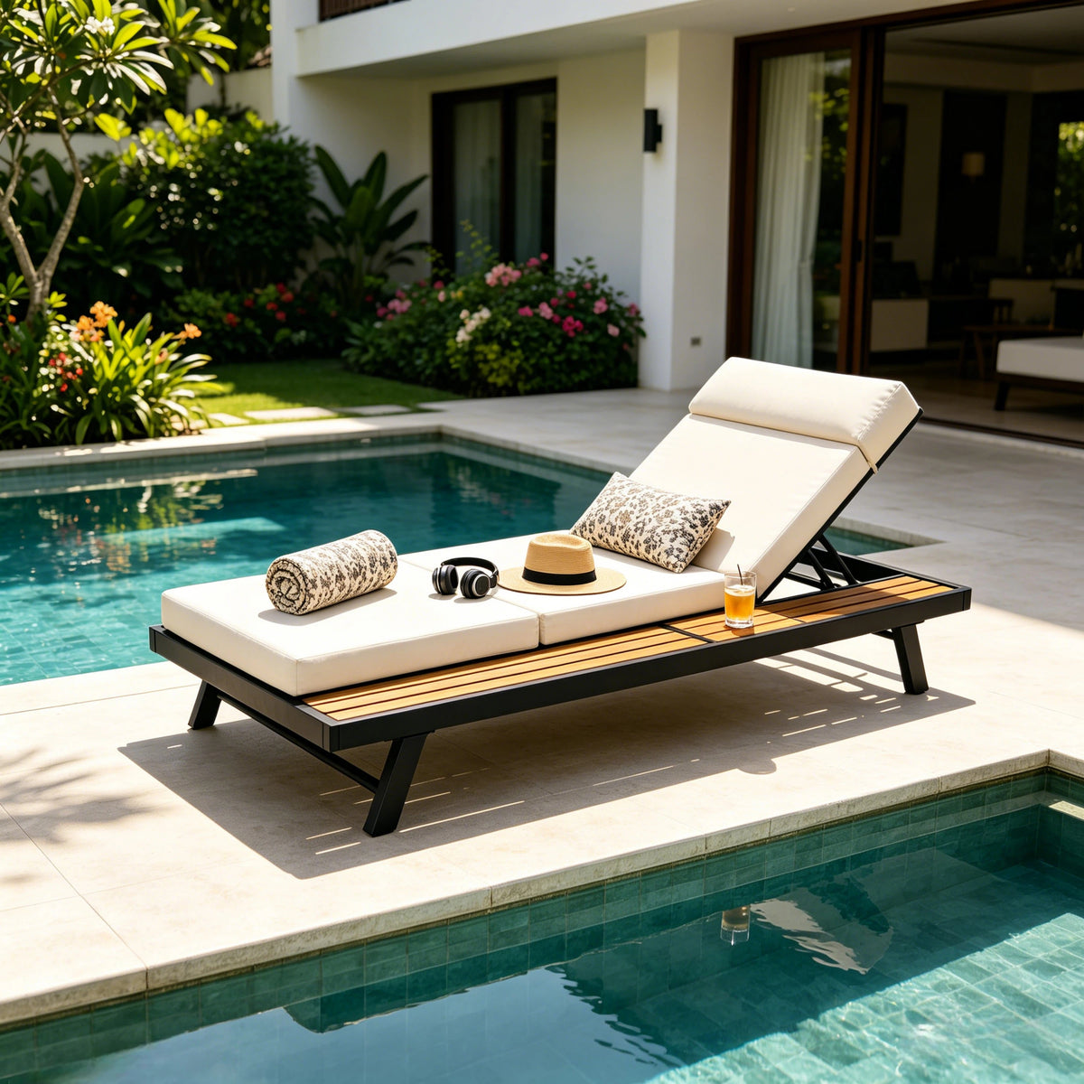 Black Metal Adjustable Outdoor Chaise Lounge with Cream 4-Fold Cushion