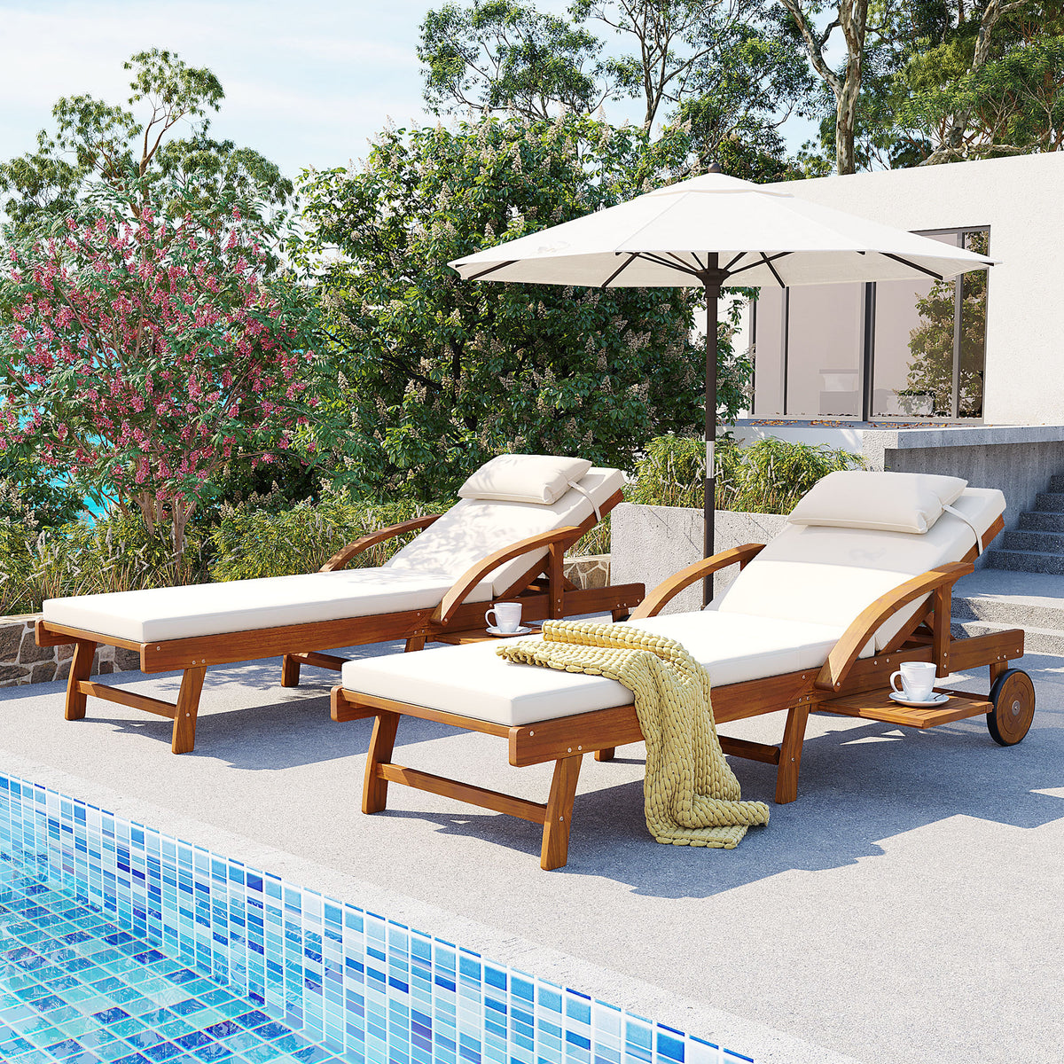 Beige Solid Wood Adjustable Outdoor Chaise Lounge with Cushions, Set of 2