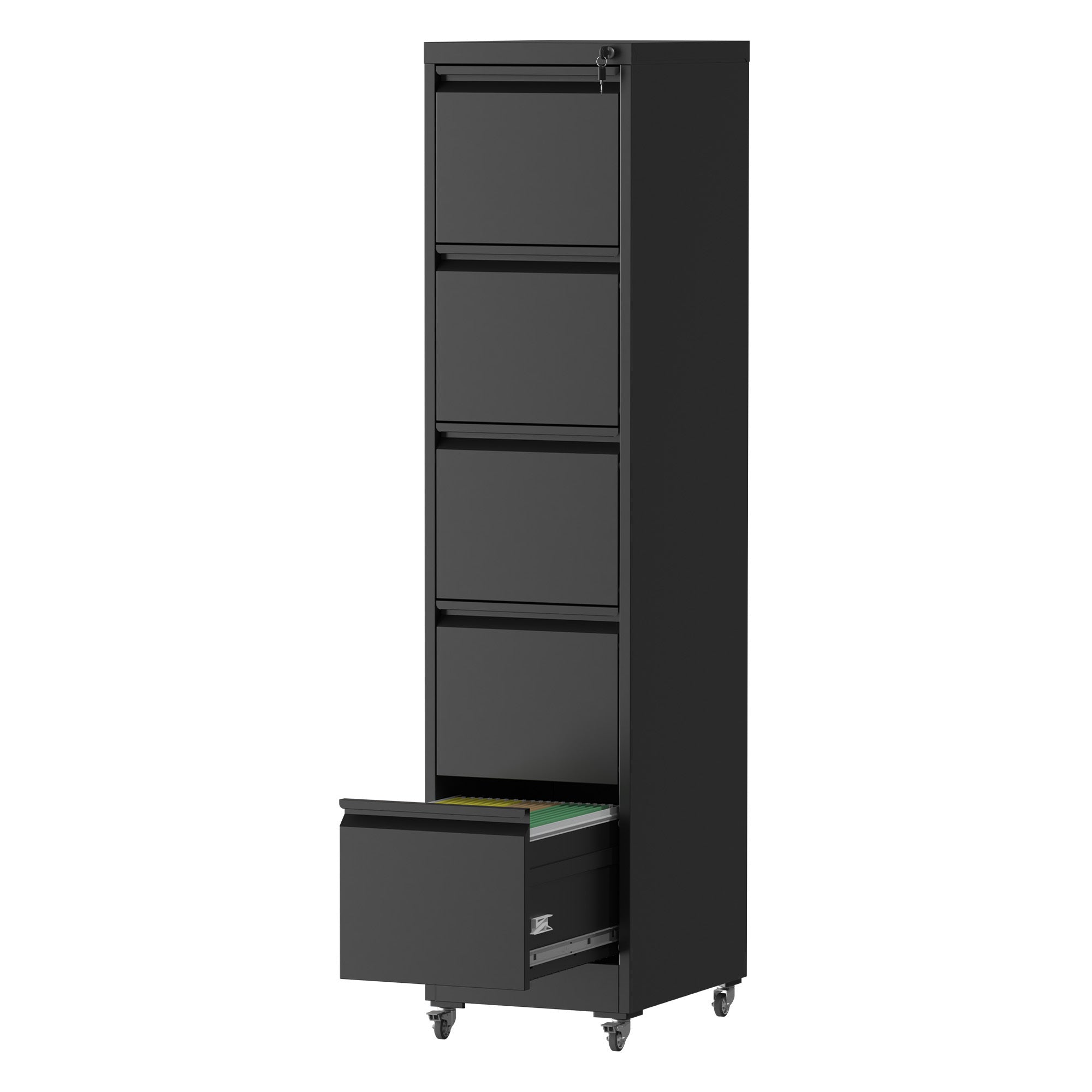 Metal File Cabinet, 5 Drawers, Locking, 64.2 in Tall, Black, 15.2 in Wide