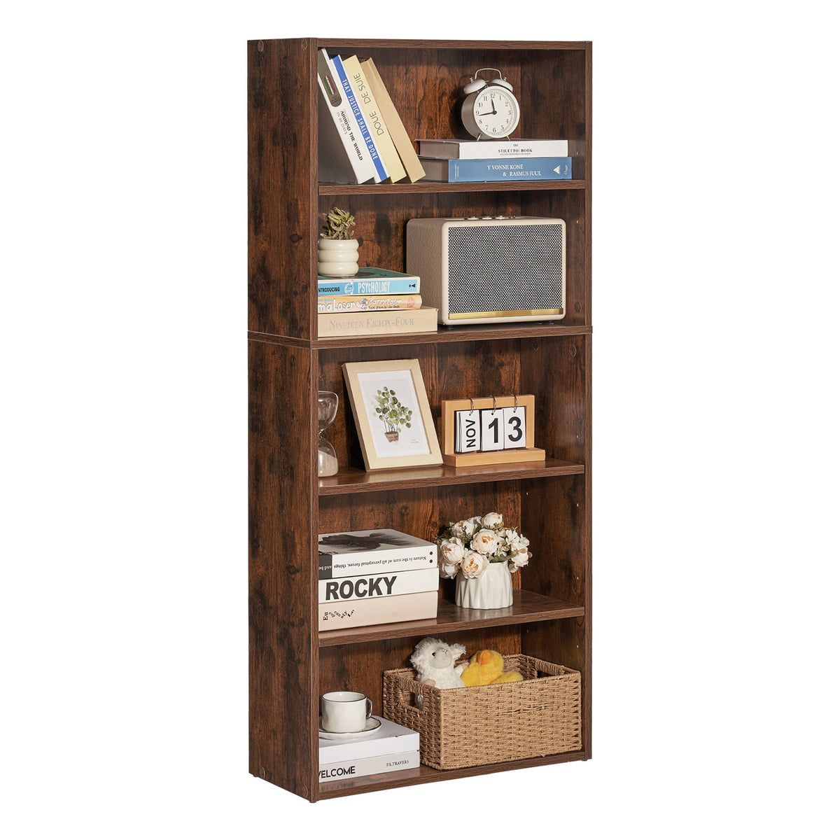 Bookcase, 5 Tiers, 53 in Tall, Brown