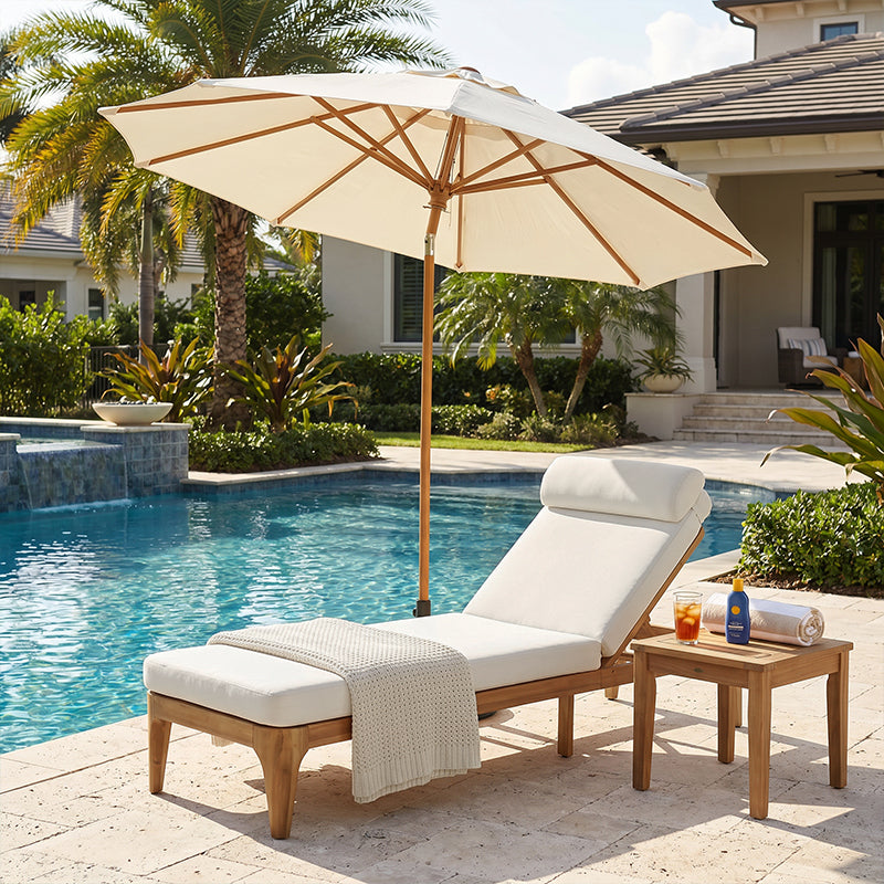 Solid Wood Adjustable Outdoor Chaise Lounge with Beige Cushions