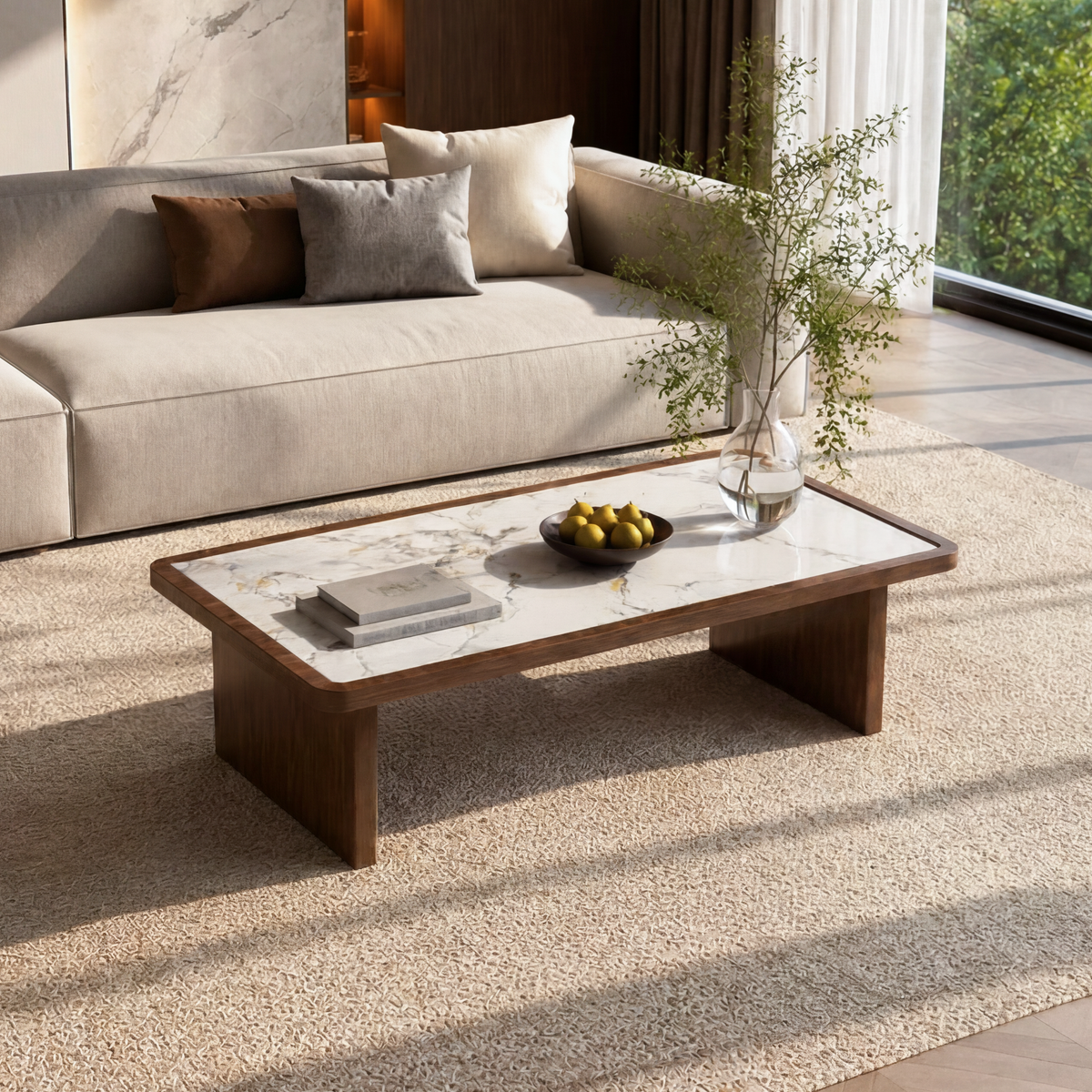 Walnut Sintered Stone Marble-Look Rectangular Coffee Table, 47.2 in