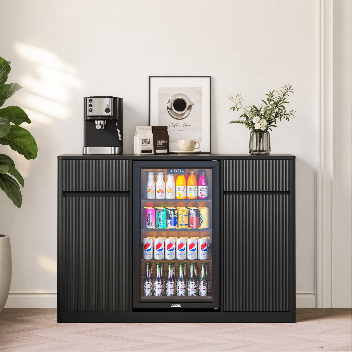 Fluted Bar Cabinet with Mini-Fridge Space, 2 Drawers & Wine Rack
