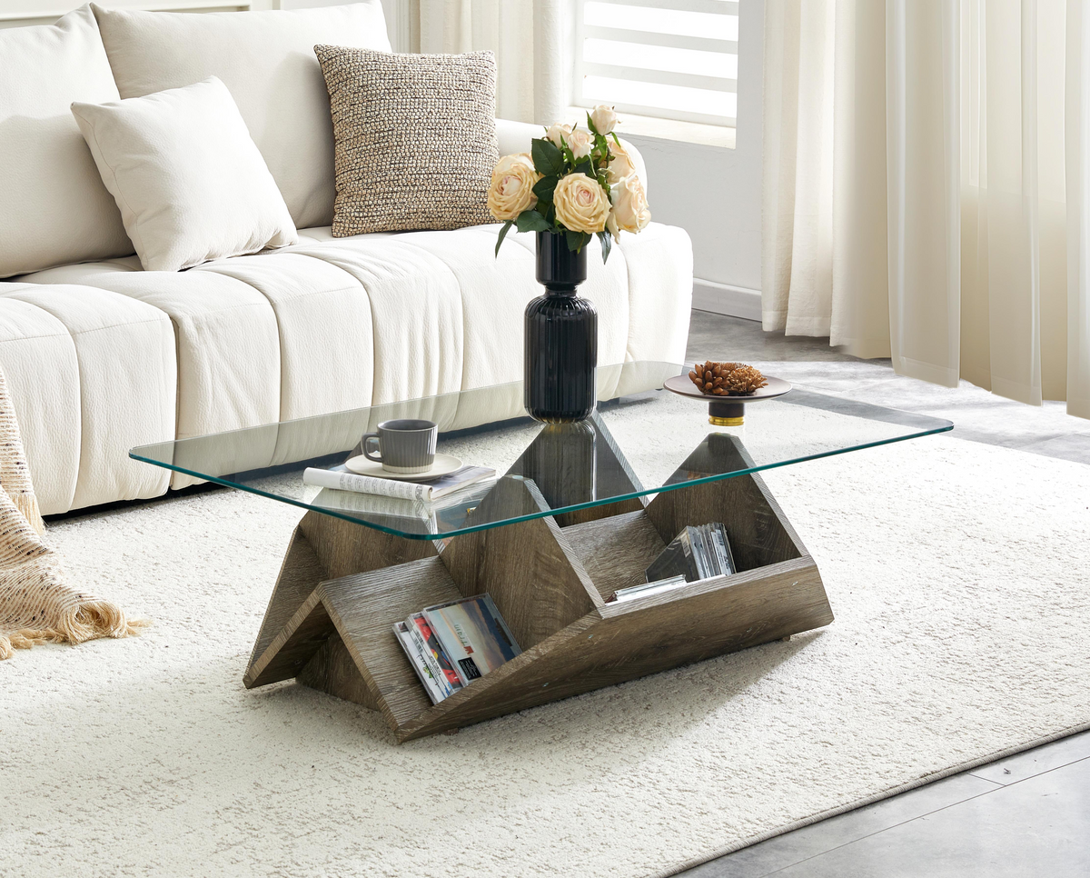 Gray Glass-Top Geometric Coffee Table with Storage, 43.5 in, 27.5 in Deep