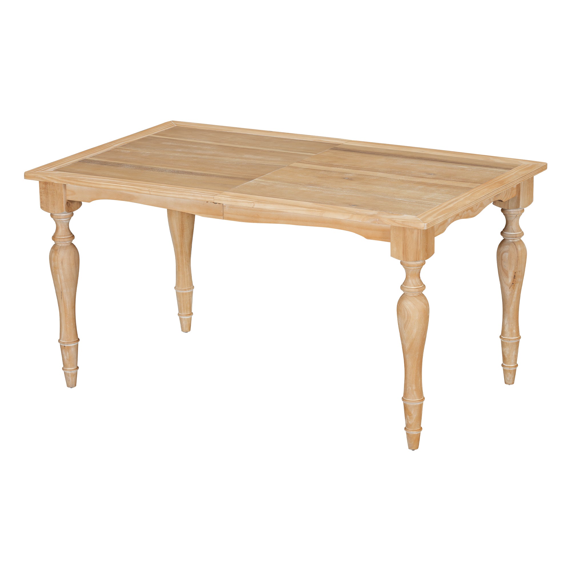 Angled studio view of the natural solid wood dining table with turned legs on white background