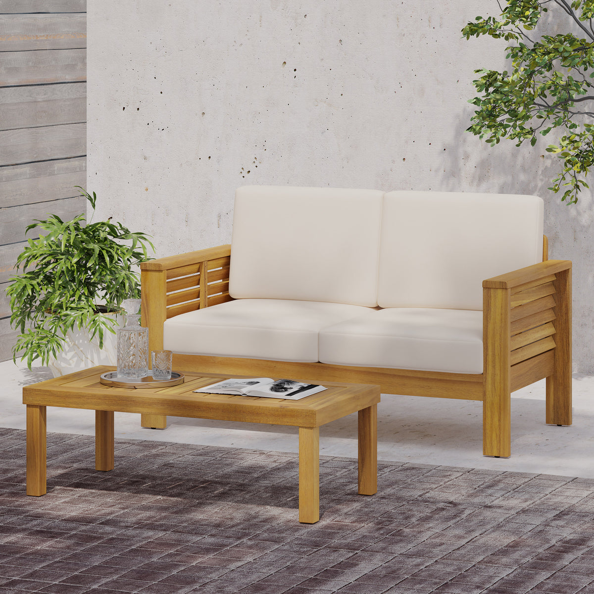 Brown Solid Wood Outdoor Sofa Set with Cushions
