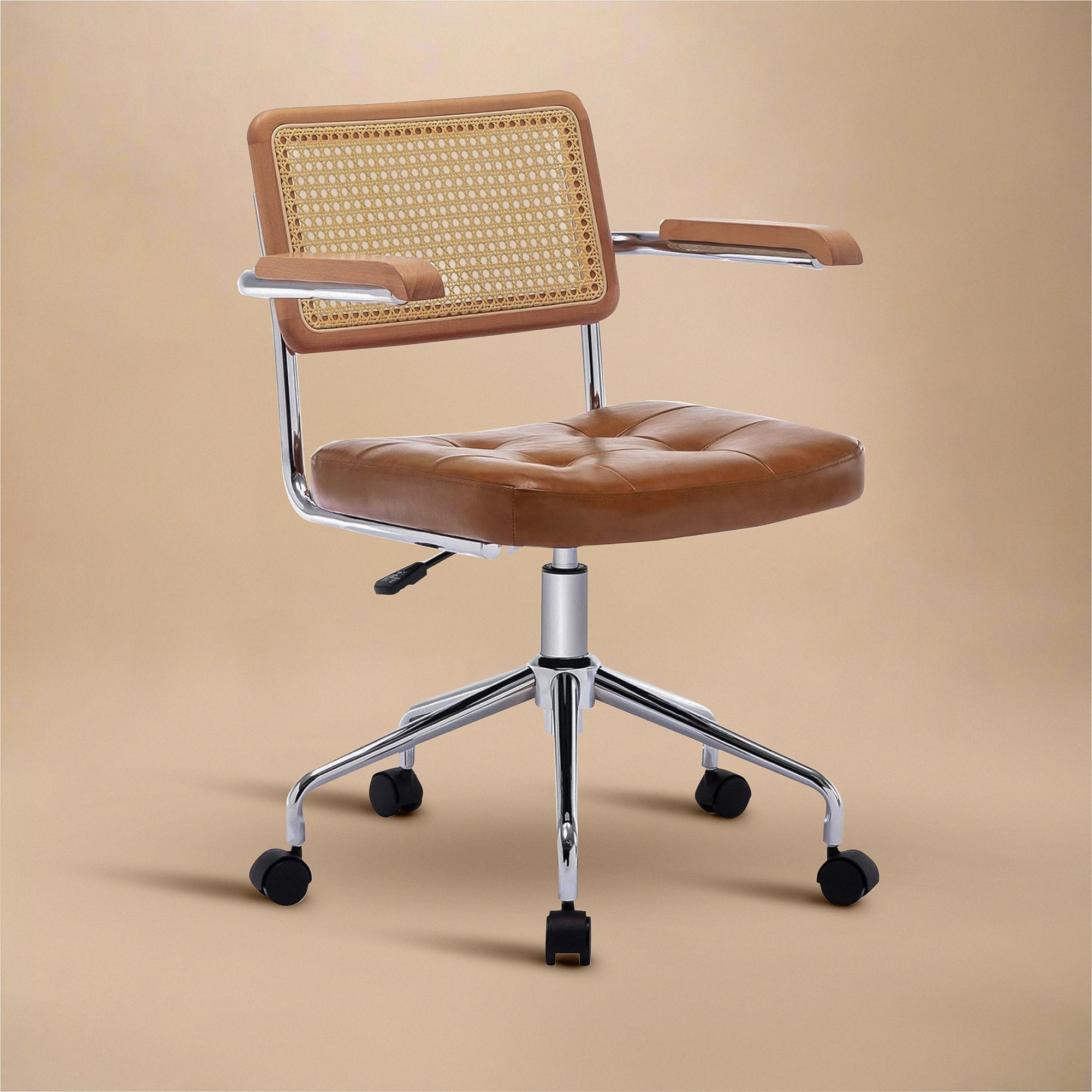Mid Century Modern Desk & Office Chair, Handwoven Rattan & Brown Vegan Leather