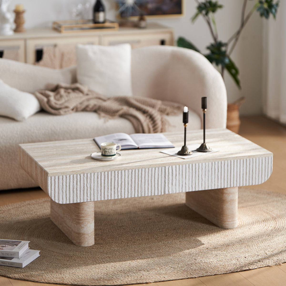 Beige Travertine-Look Fluted Coffee Table with Drawers, 46.9 in