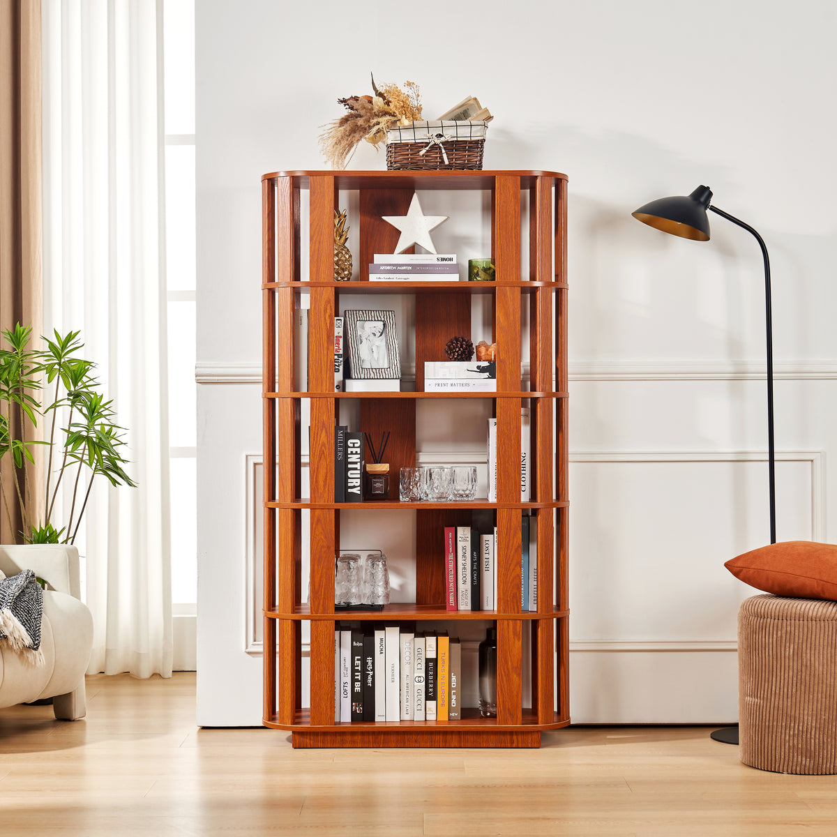 Minimalist Storage Cabinet, 5 Shelves, 64.6 in Tall, Oak
