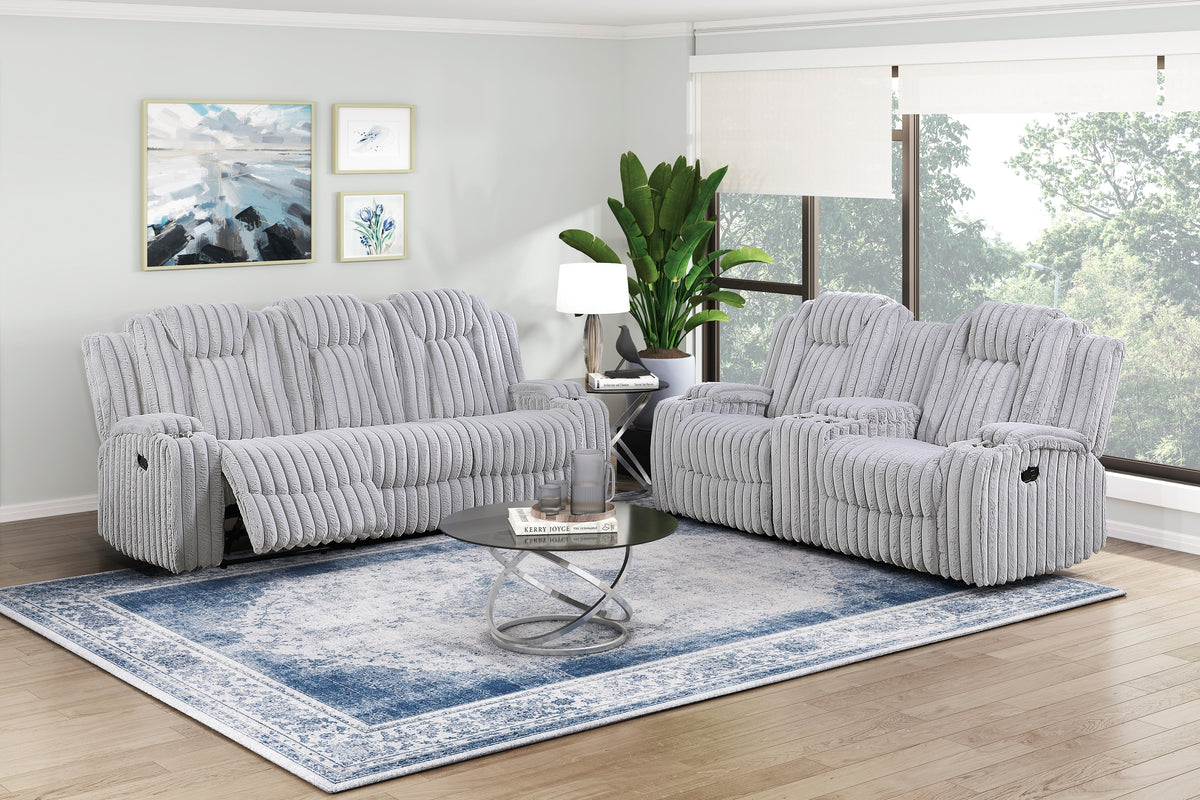 Light Gray Corduroy Reclining Sofa and Loveseat Set with Console